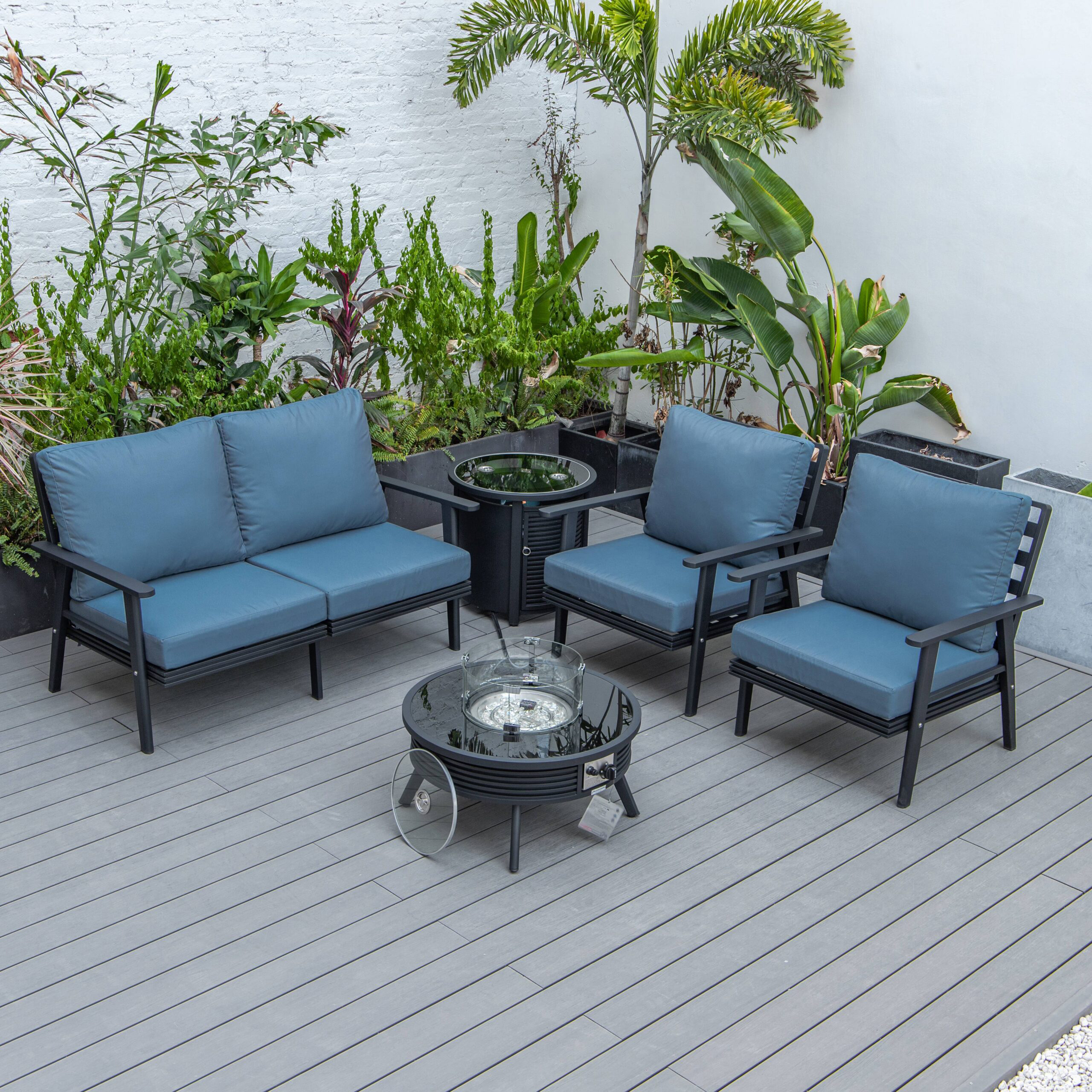 LeisureMod Walbrooke Modern Black Patio Conversation With Round Fire Pit With Slats Design & Tank Holder - Navy Blue