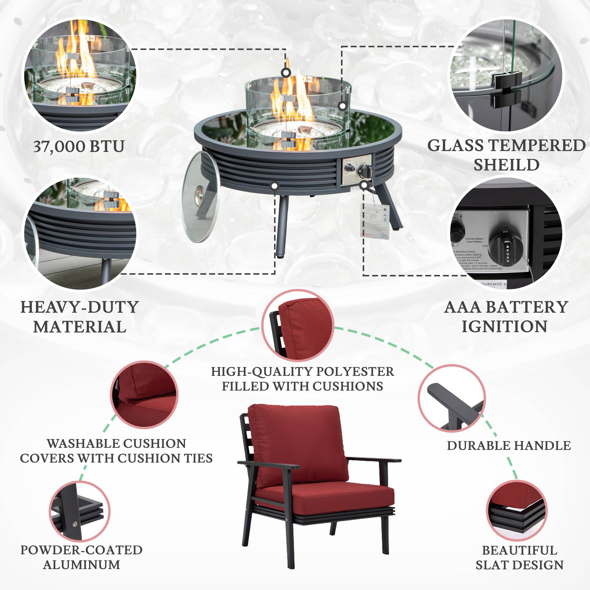 LeisureMod Walbrooke Modern Black Patio Conversation With Round Fire Pit With Slats Design & Tank Holder - Red