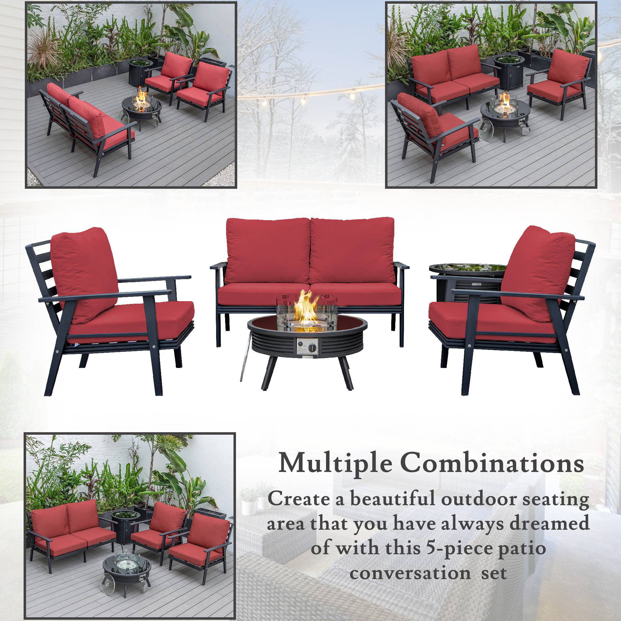 LeisureMod Walbrooke Modern Black Patio Conversation With Round Fire Pit With Slats Design & Tank Holder - Red