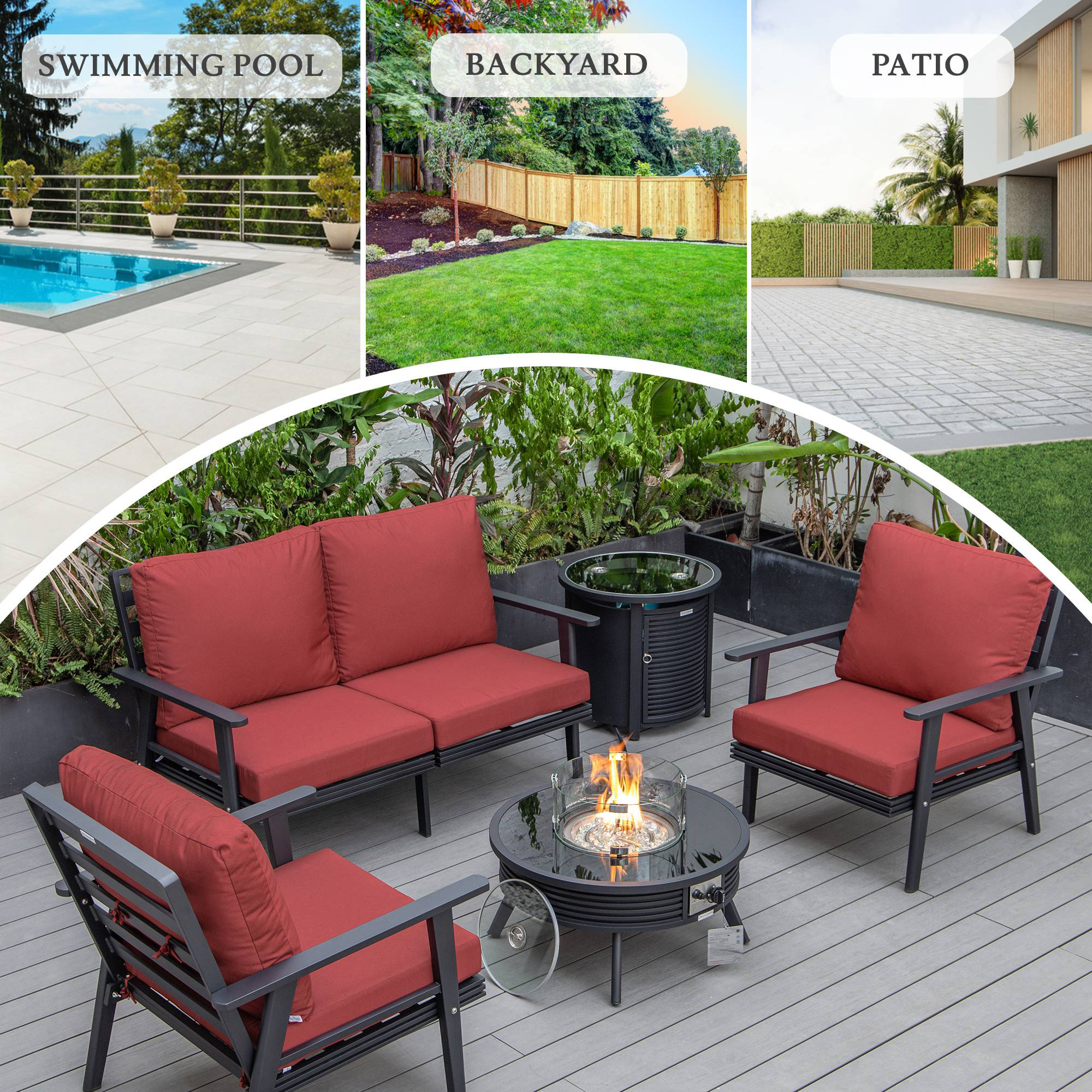 LeisureMod Walbrooke Modern Black Patio Conversation With Round Fire Pit With Slats Design & Tank Holder - Red