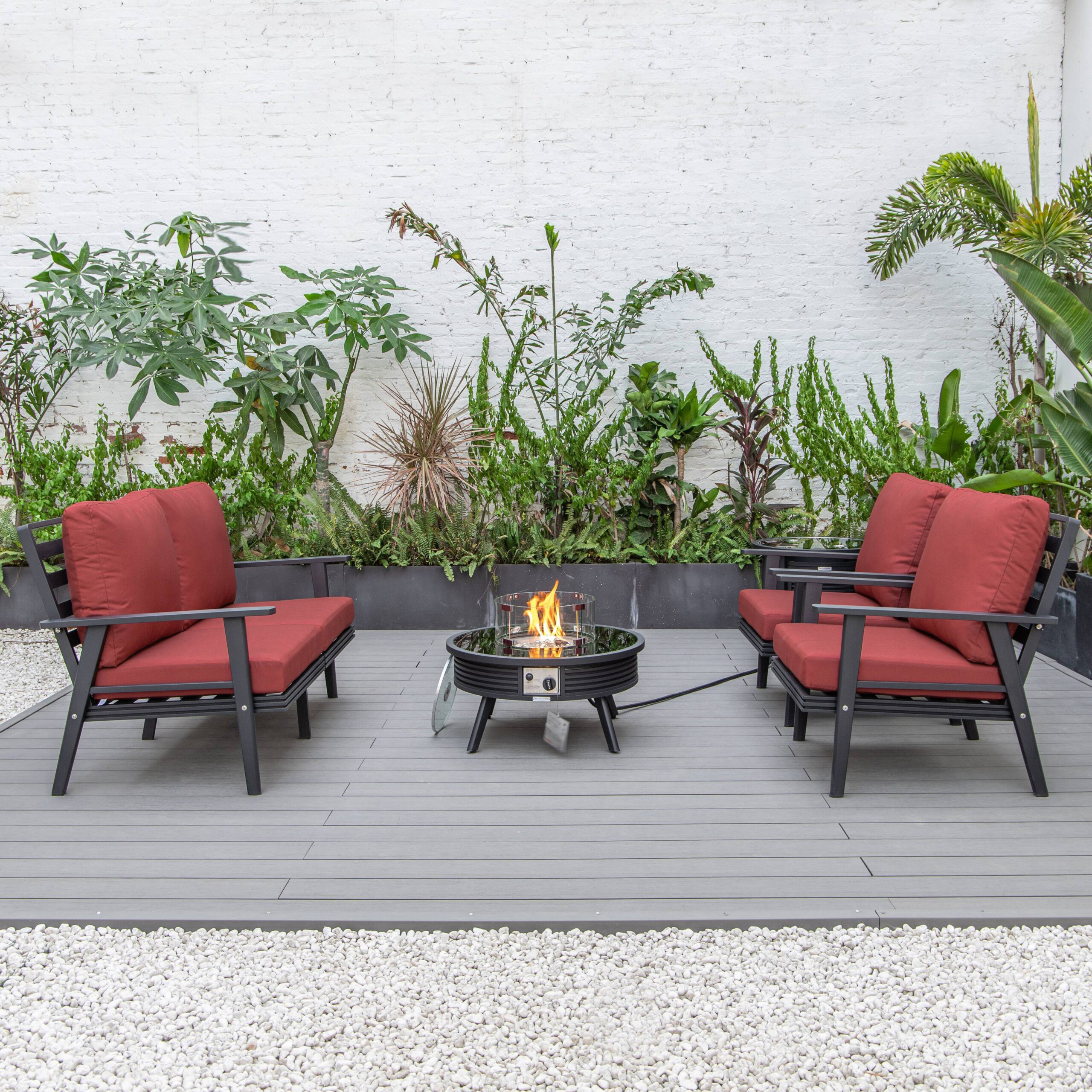 LeisureMod Walbrooke Modern Black Patio Conversation With Round Fire Pit With Slats Design & Tank Holder - Red