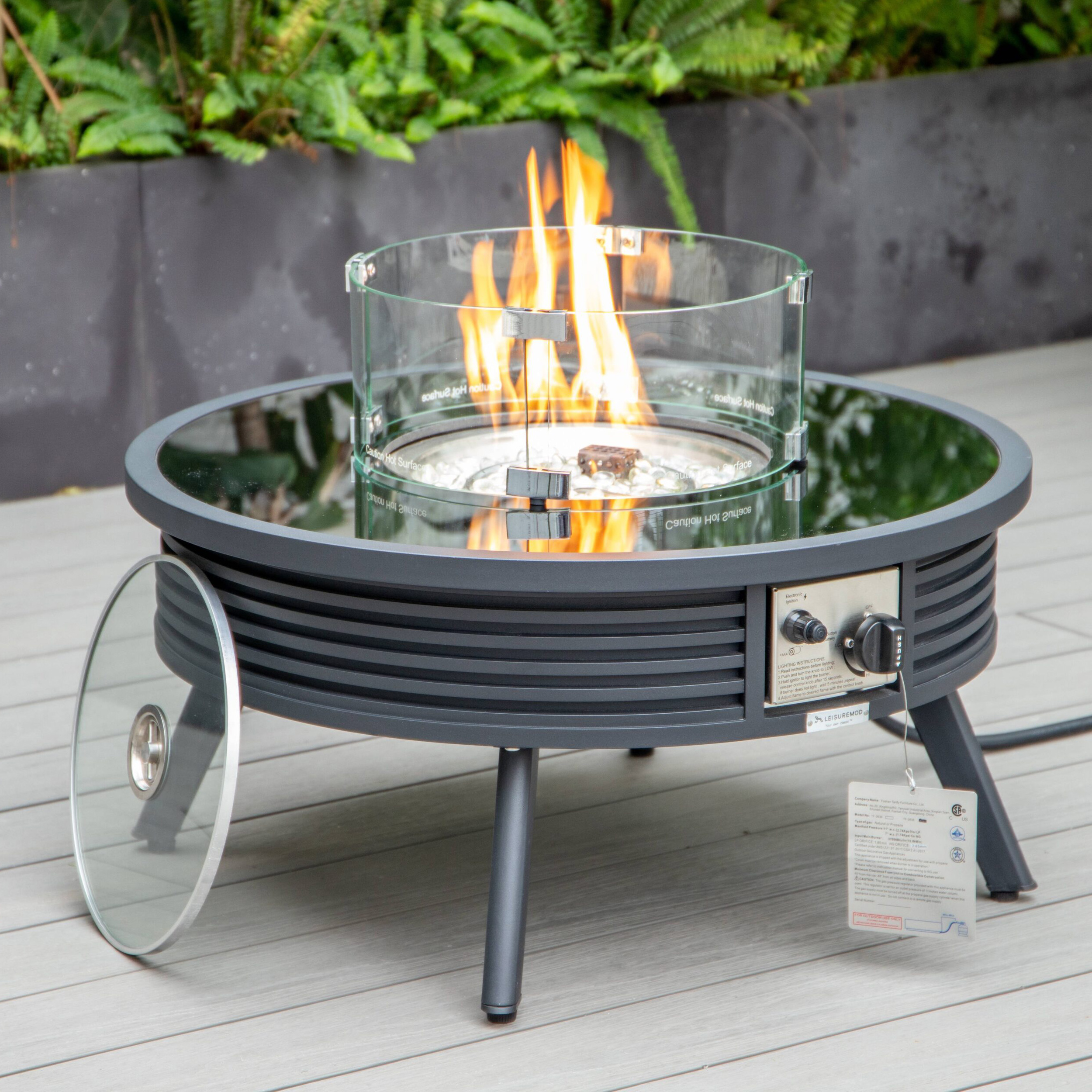 LeisureMod Walbrooke Outdoor Patio Round Fire Pit and Tank Holder with Slats Design - Black