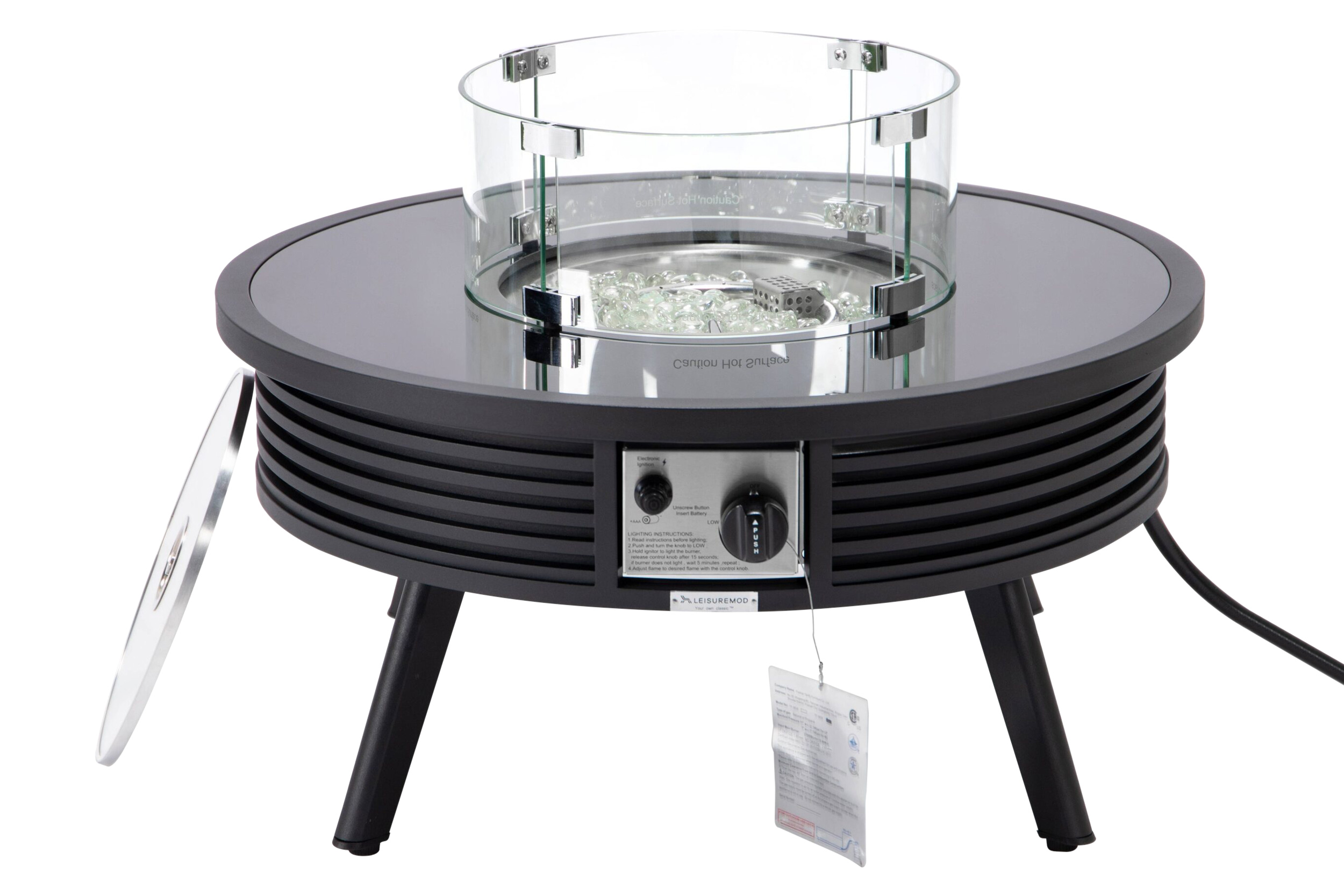 LeisureMod Walbrooke Modern Outdoor Round Fire Pit Table with Powder-Coated Aluminum Frame and Slats Design - Black