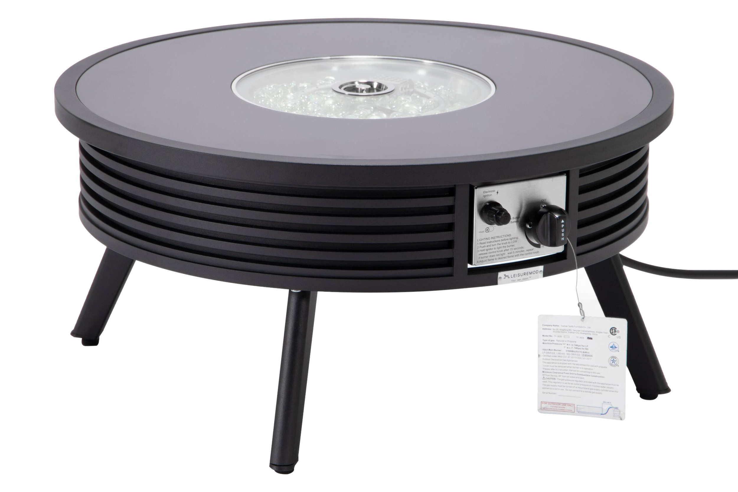 LeisureMod Walbrooke Modern Outdoor Round Fire Pit Table with Powder-Coated Aluminum Frame and Slats Design - Black