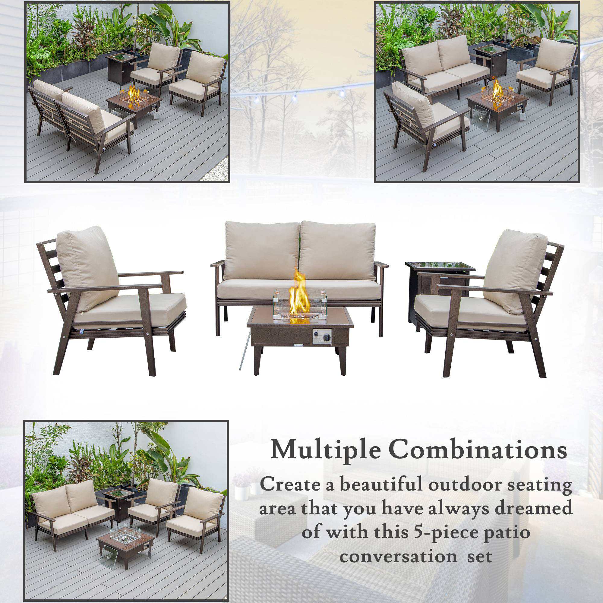 LeisureMod Walbrooke Modern Brown Patio Conversation With Square Fire Pit & Tank Holder - Beige