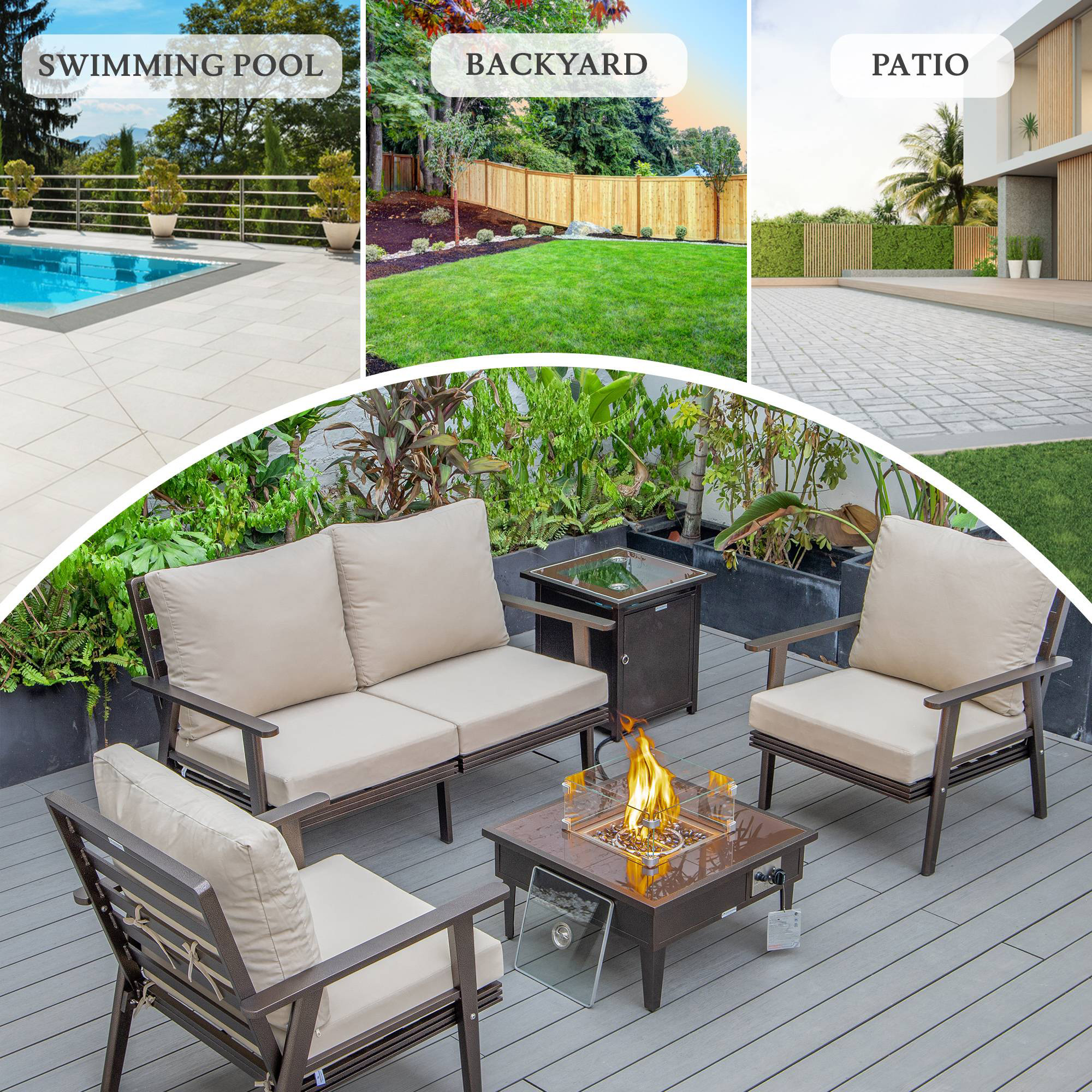 LeisureMod Walbrooke Modern Brown Patio Conversation With Square Fire Pit & Tank Holder - Beige