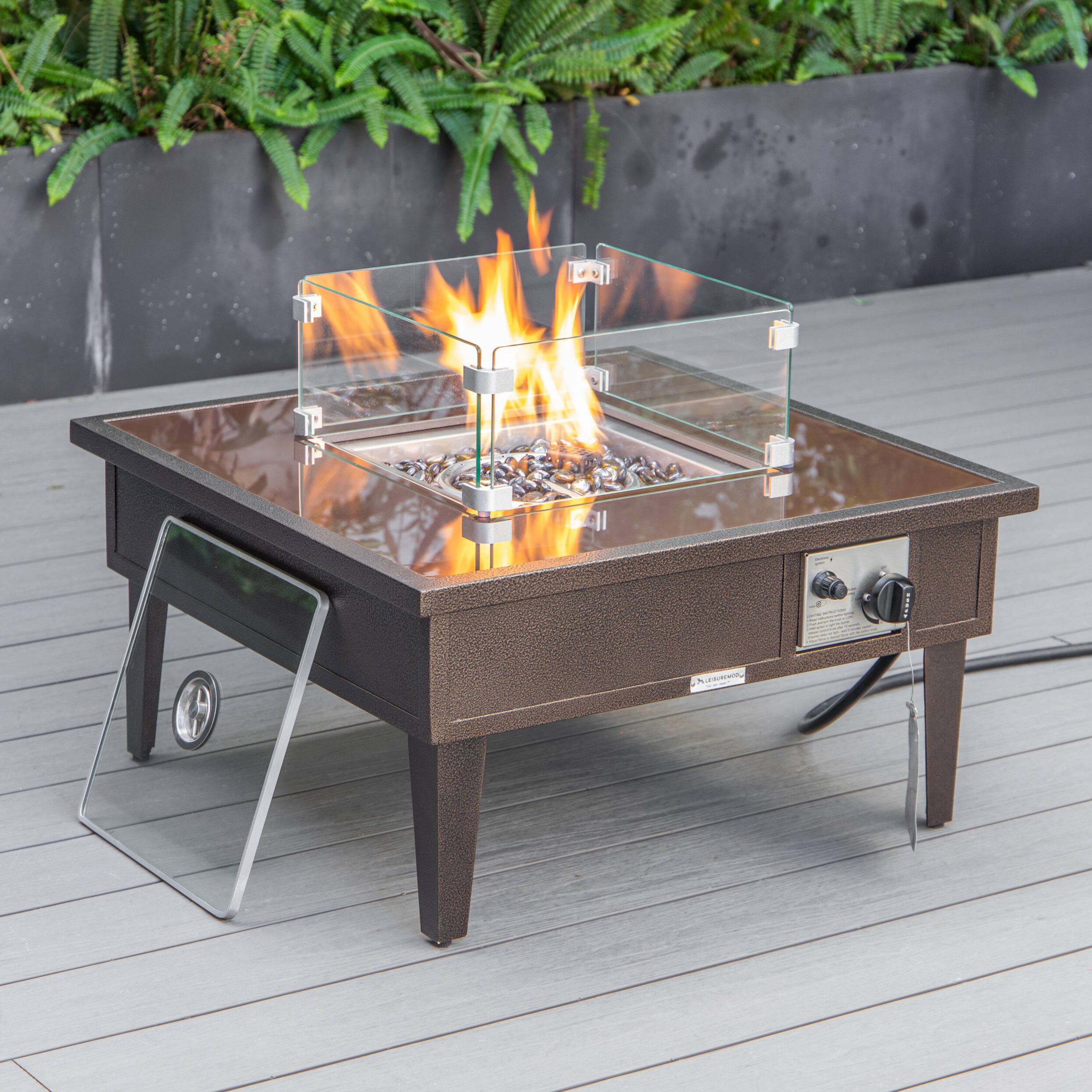 LeisureMod Walbrooke Modern Brown Patio Conversation With Square Fire Pit & Tank Holder - Beige