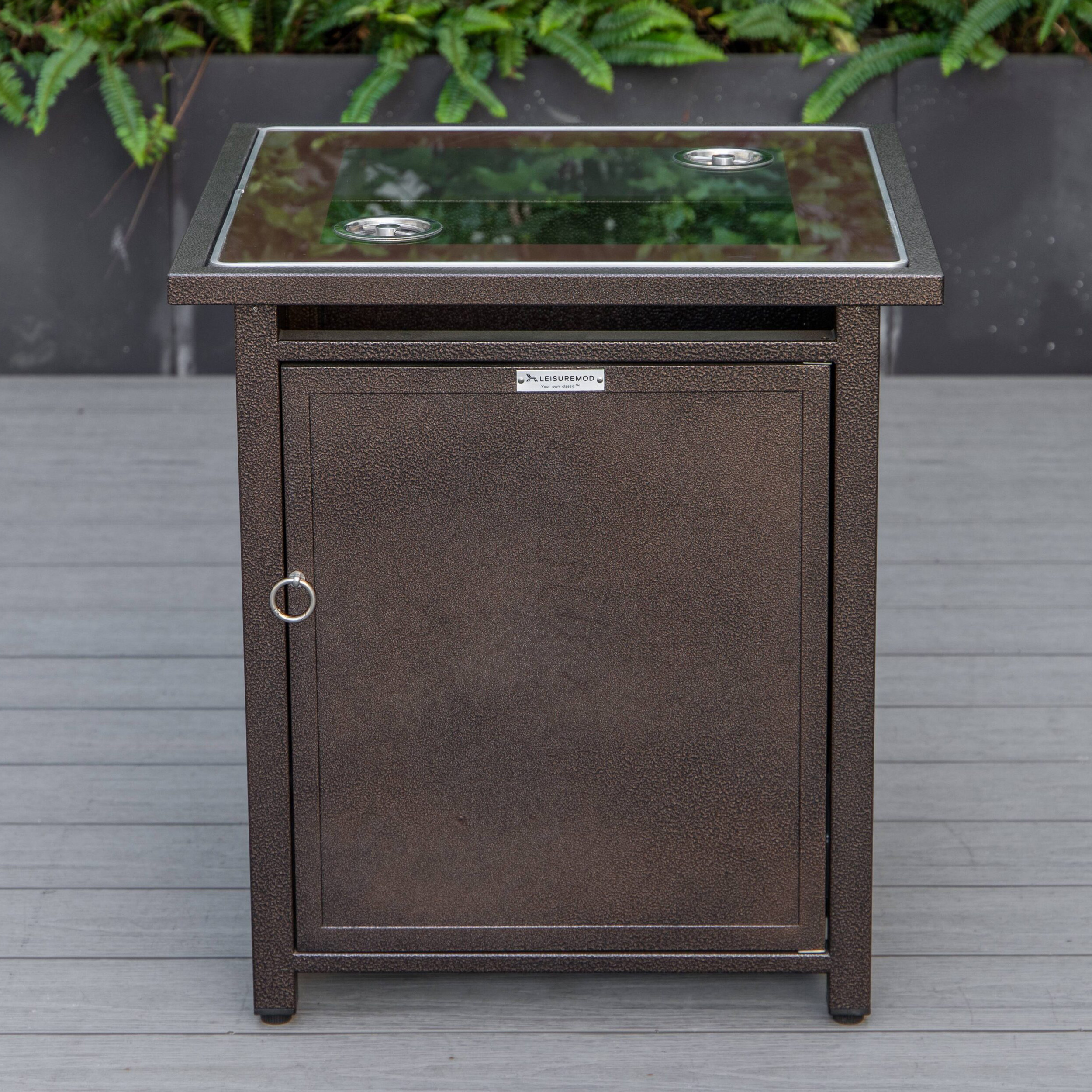 LeisureMod Walbrooke Modern Brown Patio Conversation With Square Fire Pit & Tank Holder - Beige