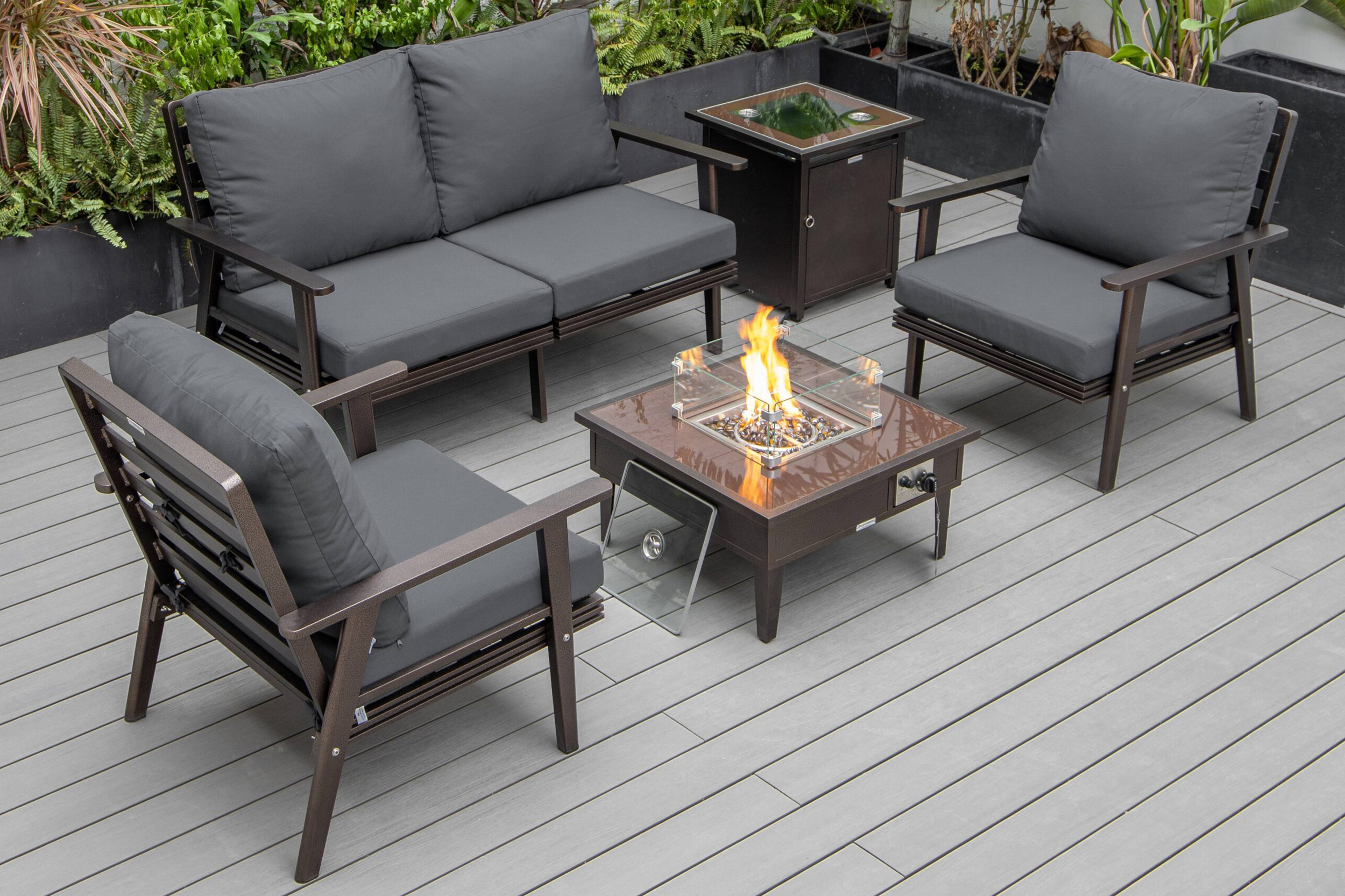 LeisureMod Walbrooke Modern Black Patio Conversation With Square Fire Pit & Tank Holder