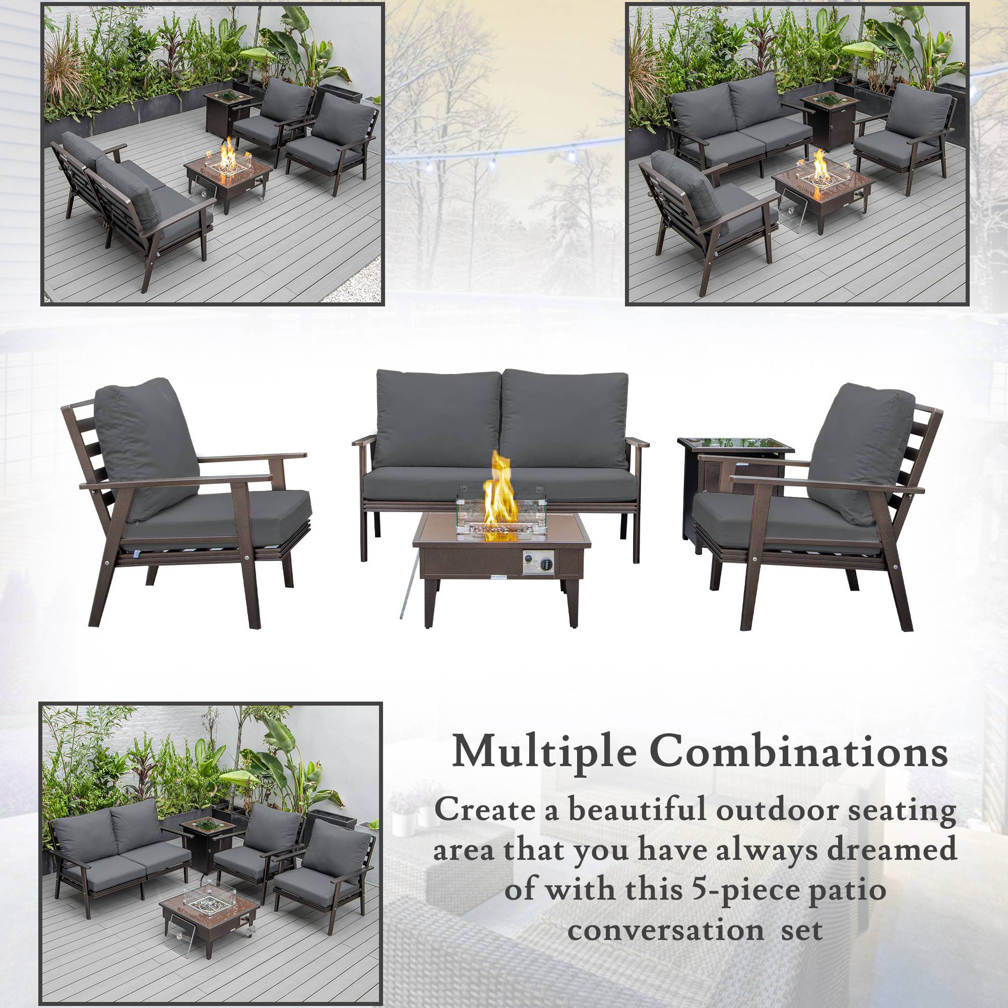 LeisureMod Walbrooke Modern Brown Patio Conversation With Square Fire Pit & Tank Holder - Charcoal