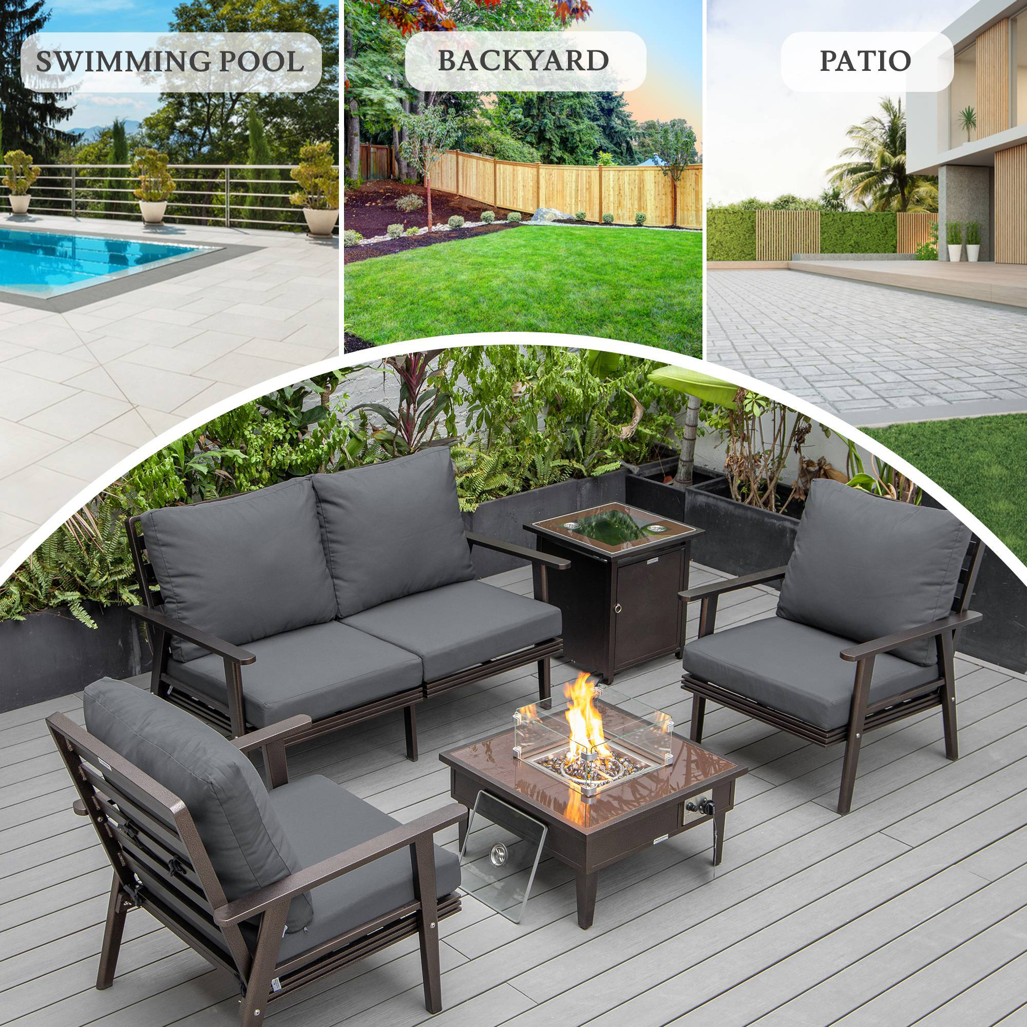 LeisureMod Walbrooke Modern Brown Patio Conversation With Square Fire Pit & Tank Holder - Charcoal