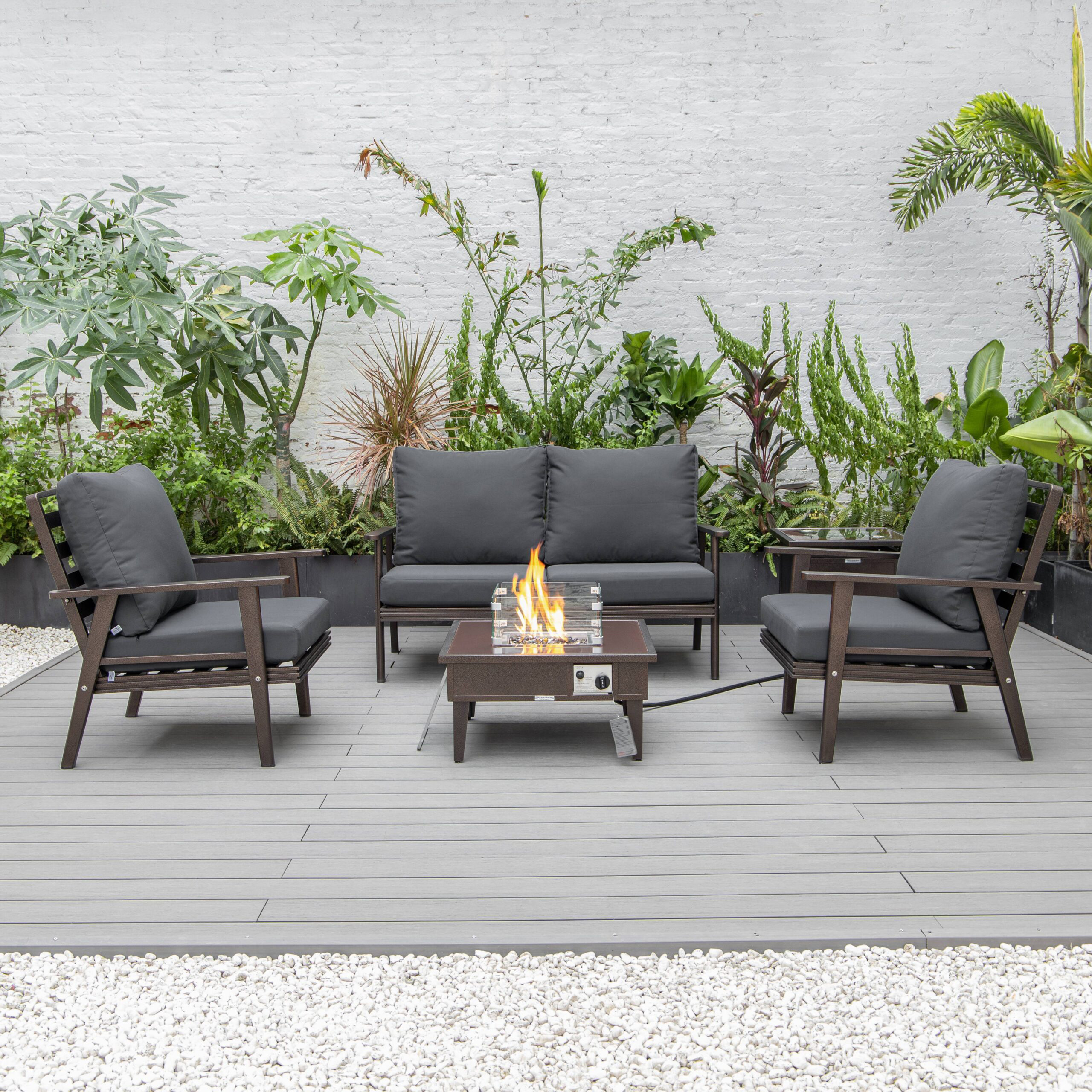 LeisureMod Walbrooke Modern Brown Patio Conversation With Square Fire Pit & Tank Holder - Charcoal