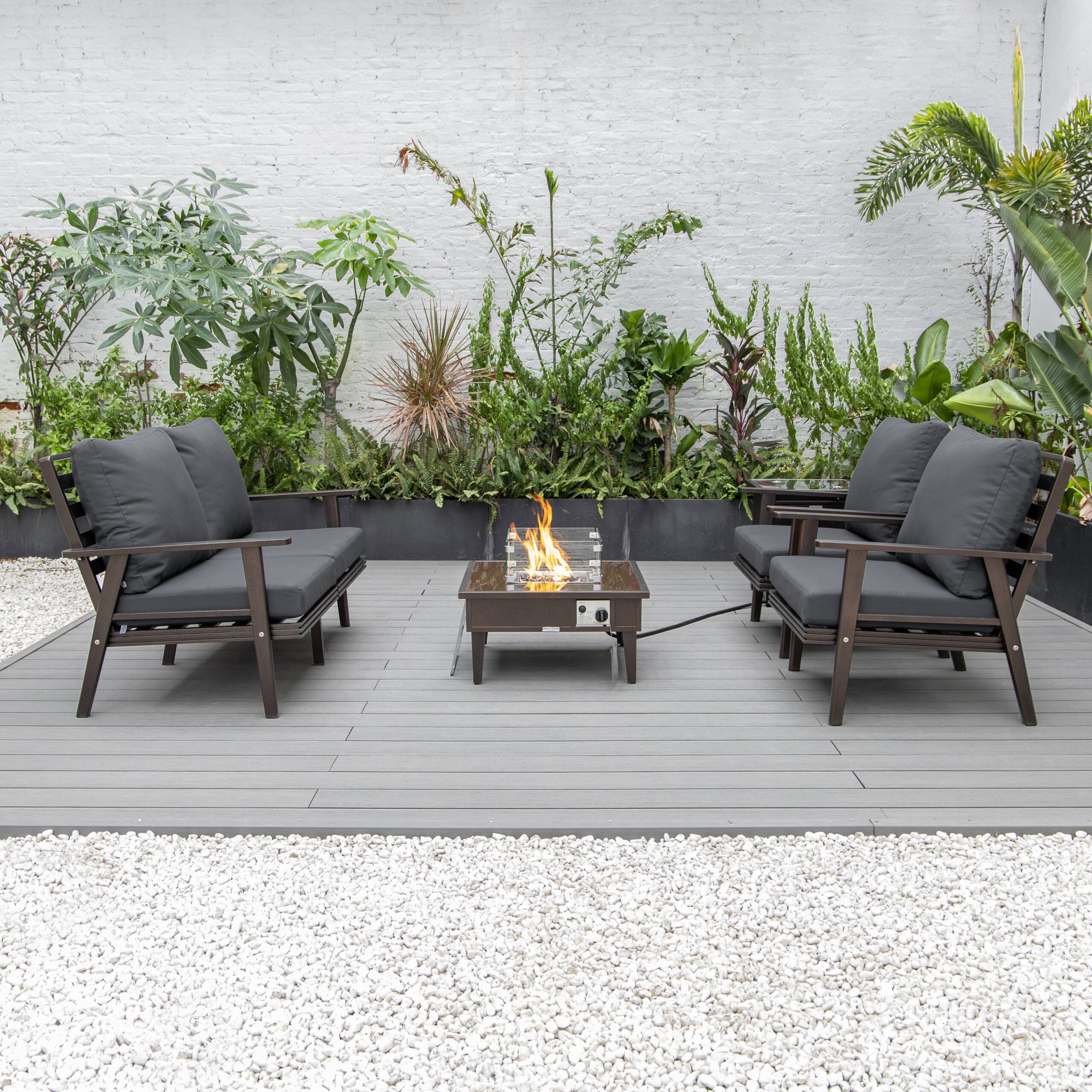 LeisureMod Walbrooke Modern Brown Patio Conversation With Square Fire Pit & Tank Holder - Charcoal