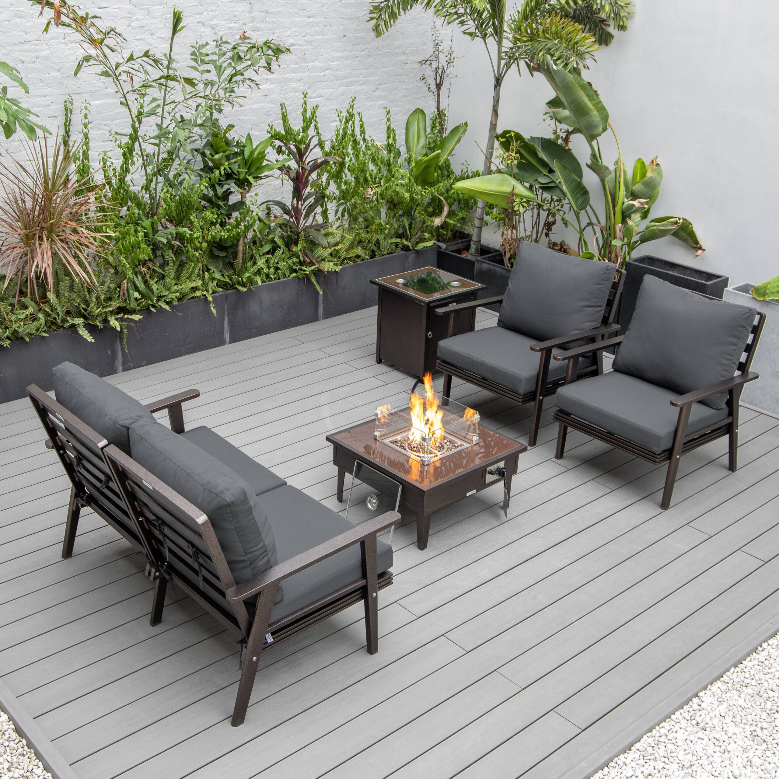 LeisureMod Walbrooke Modern Brown Patio Conversation With Square Fire Pit & Tank Holder - Charcoal