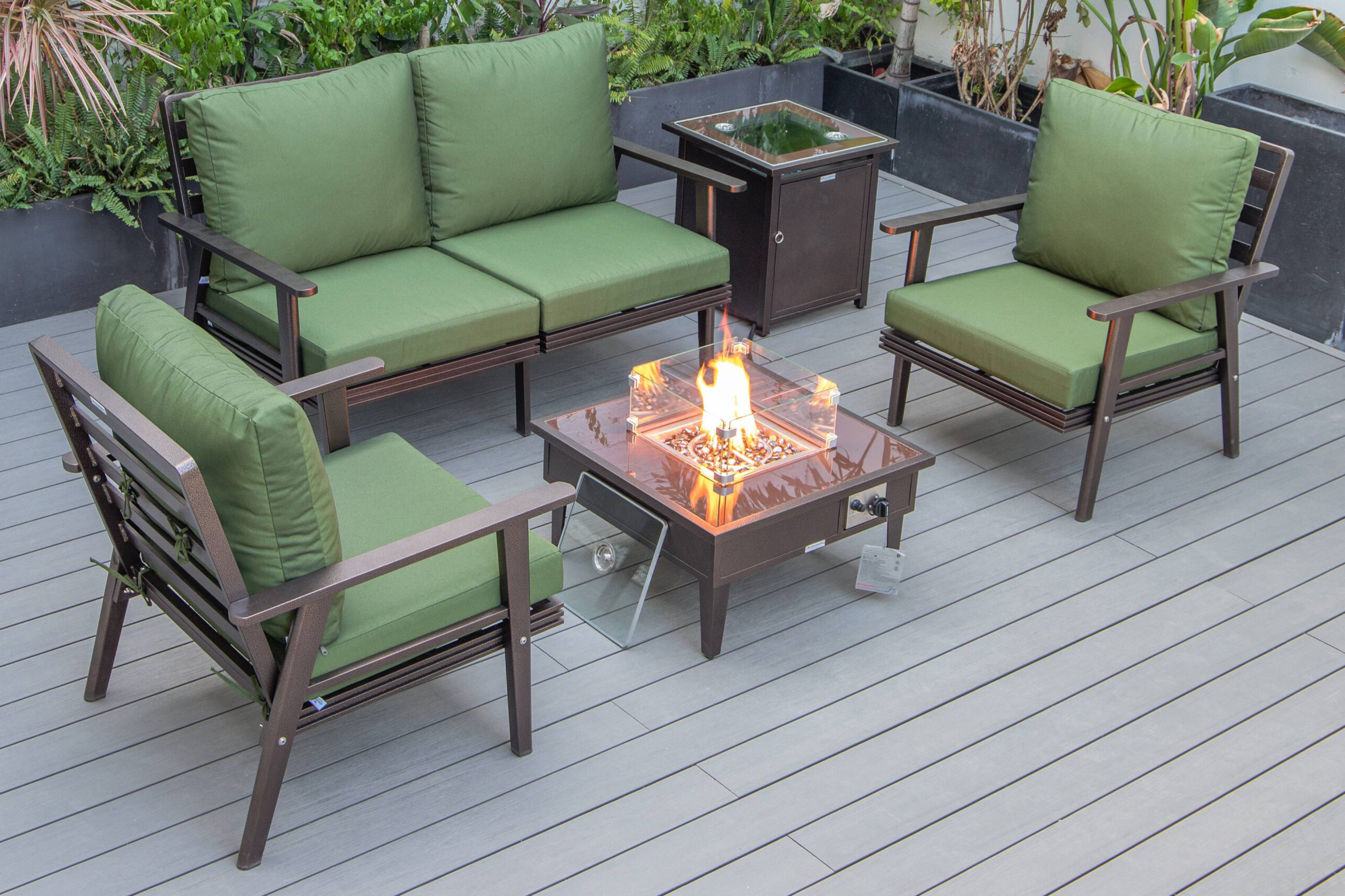 LeisureMod Walbrooke Modern Black Patio Conversation With Square Fire Pit & Tank Holder