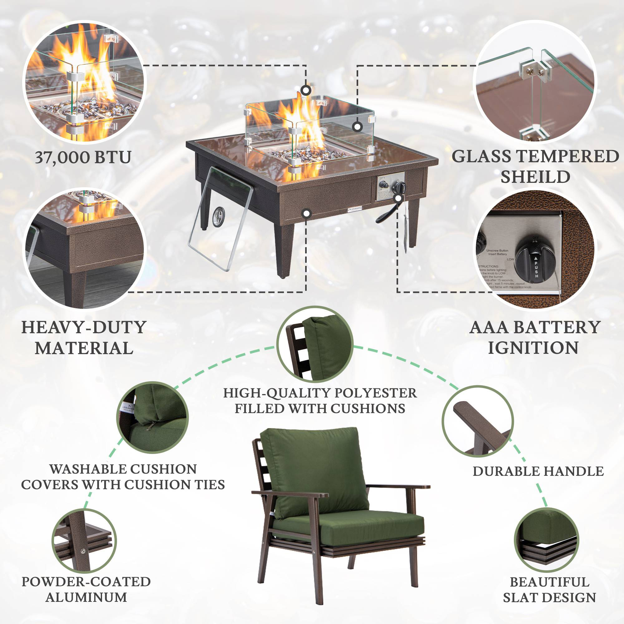 LeisureMod Walbrooke Modern Brown Patio Conversation With Square Fire Pit & Tank Holder - Green