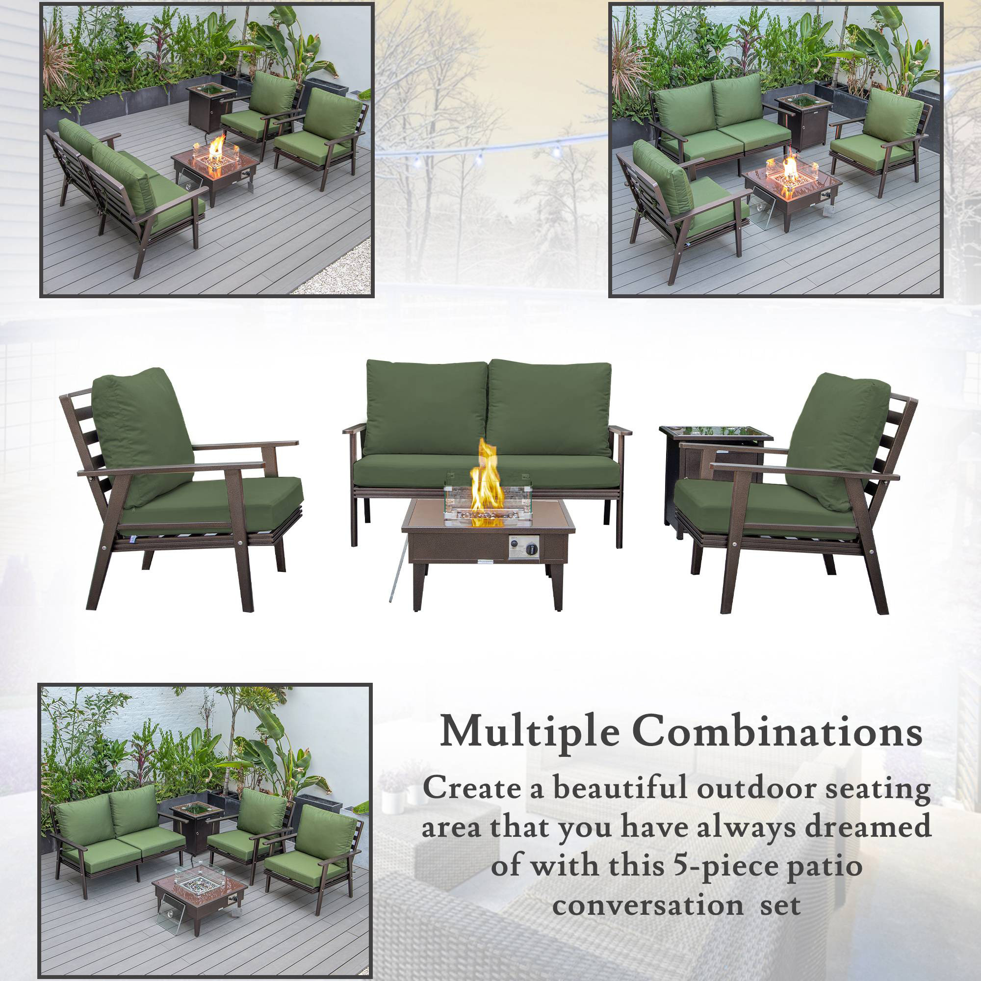 LeisureMod Walbrooke Modern Brown Patio Conversation With Square Fire Pit & Tank Holder - Green