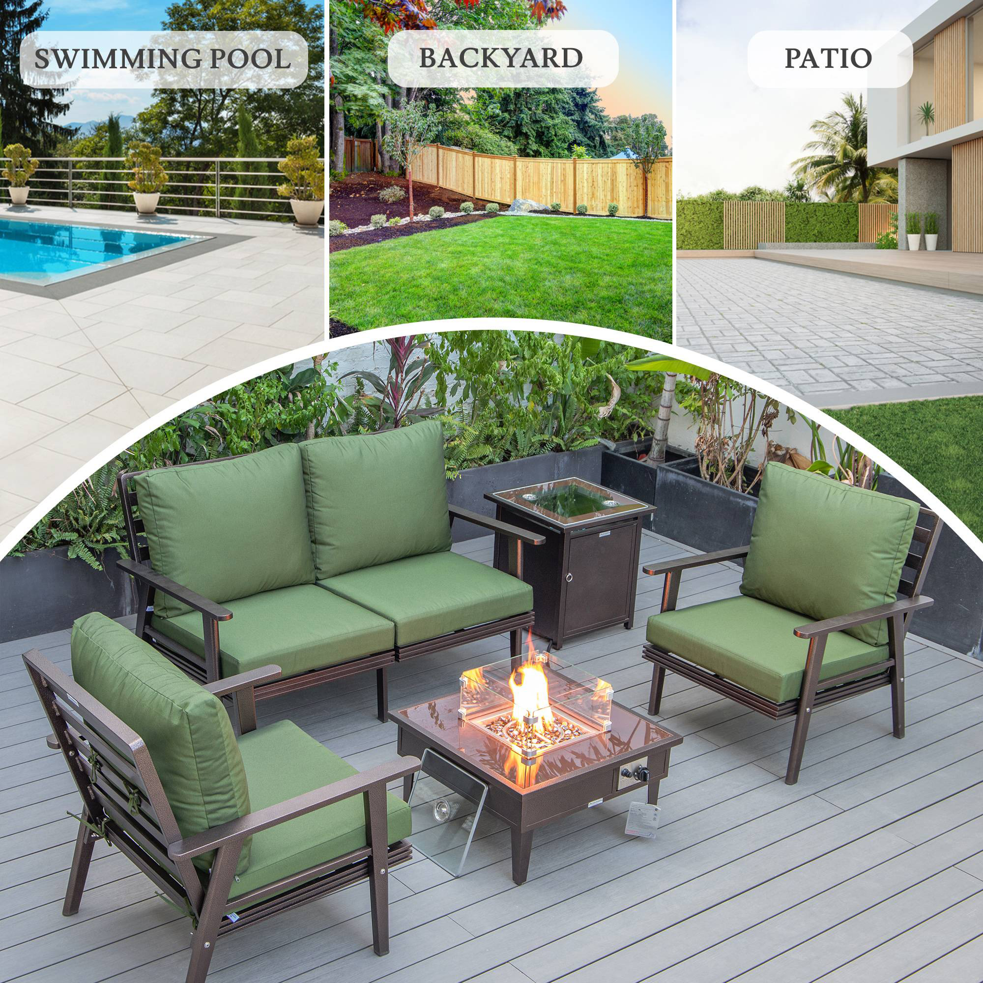 LeisureMod Walbrooke Modern Brown Patio Conversation With Square Fire Pit & Tank Holder - Green