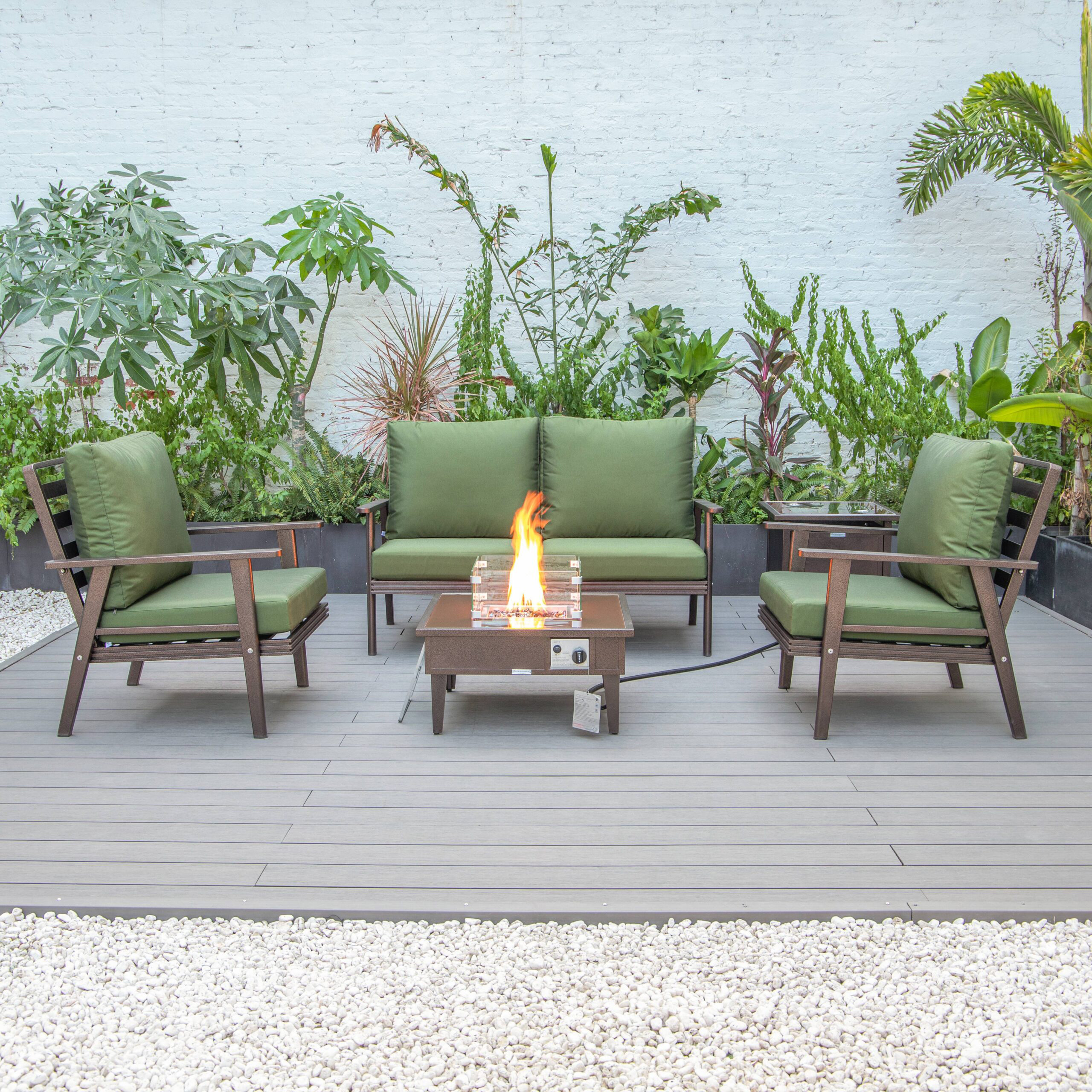 LeisureMod Walbrooke Modern Brown Patio Conversation With Square Fire Pit & Tank Holder - Green