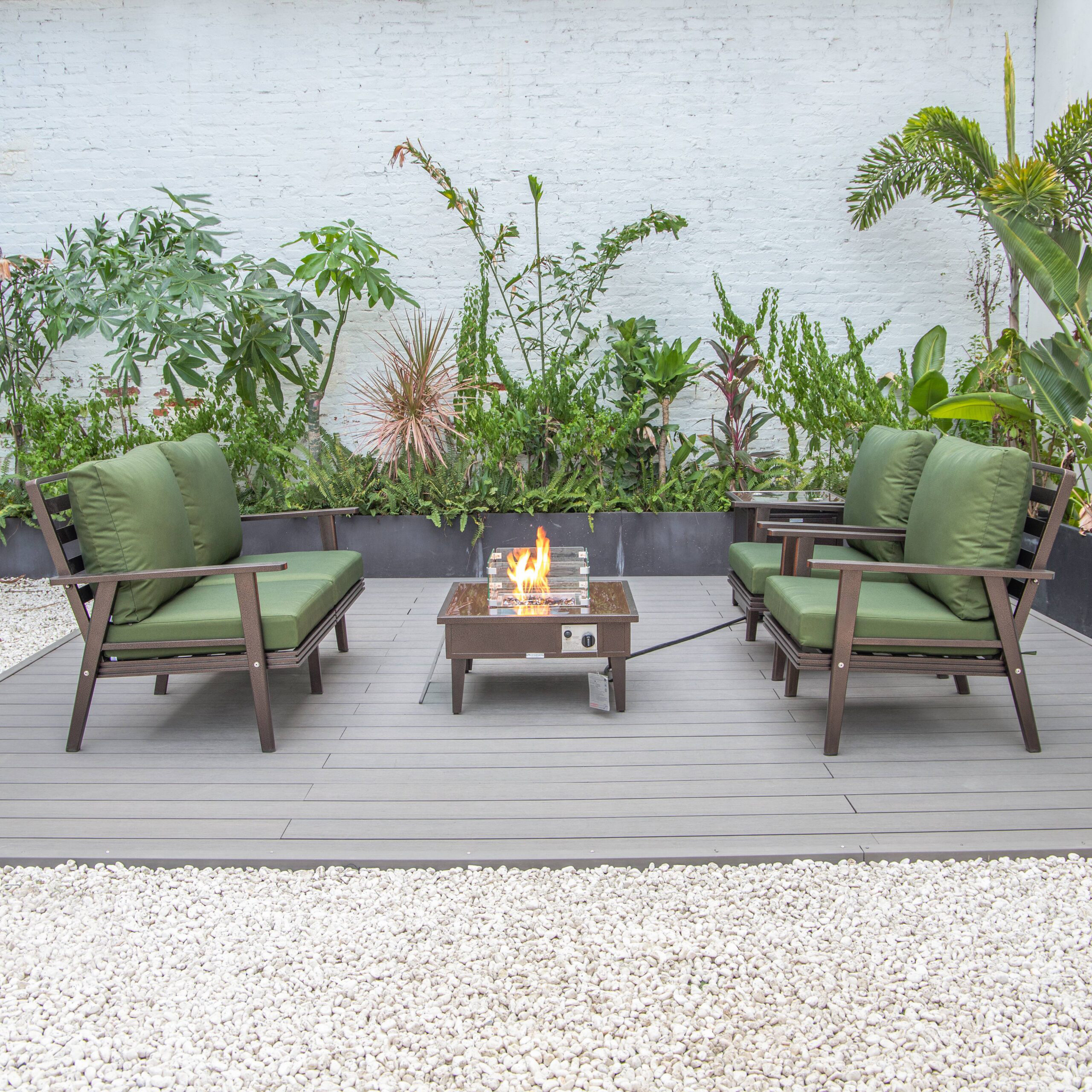 LeisureMod Walbrooke Modern Brown Patio Conversation With Square Fire Pit & Tank Holder - Green