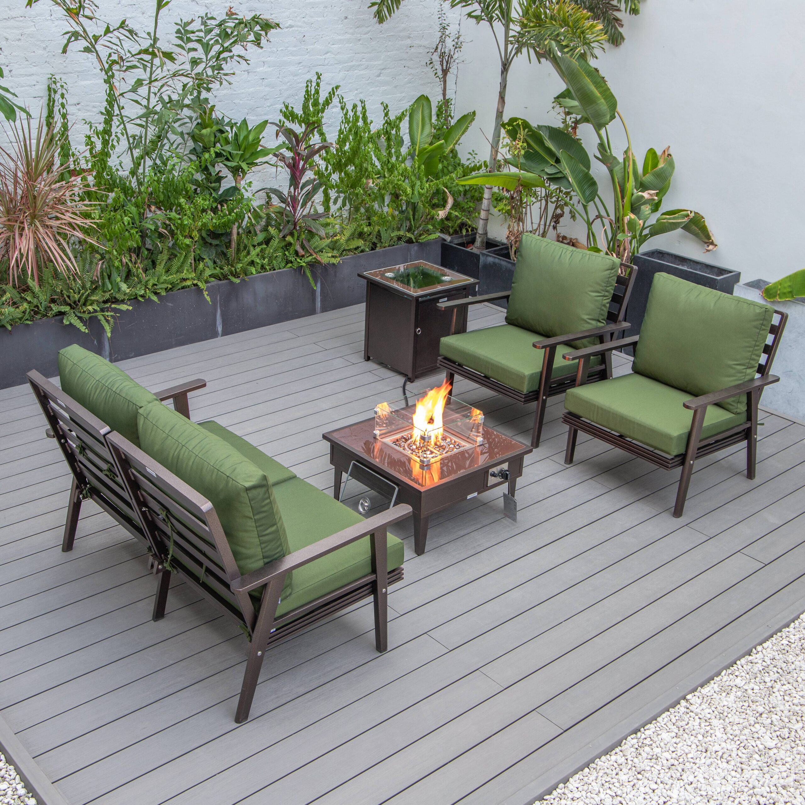 LeisureMod Walbrooke Modern Brown Patio Conversation With Square Fire Pit & Tank Holder - Green