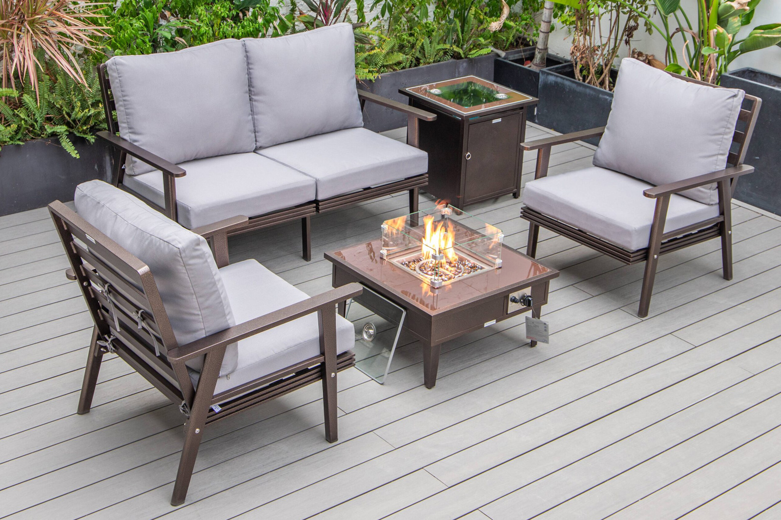 LeisureMod Walbrooke Modern Black Patio Conversation With Square Fire Pit & Tank Holder