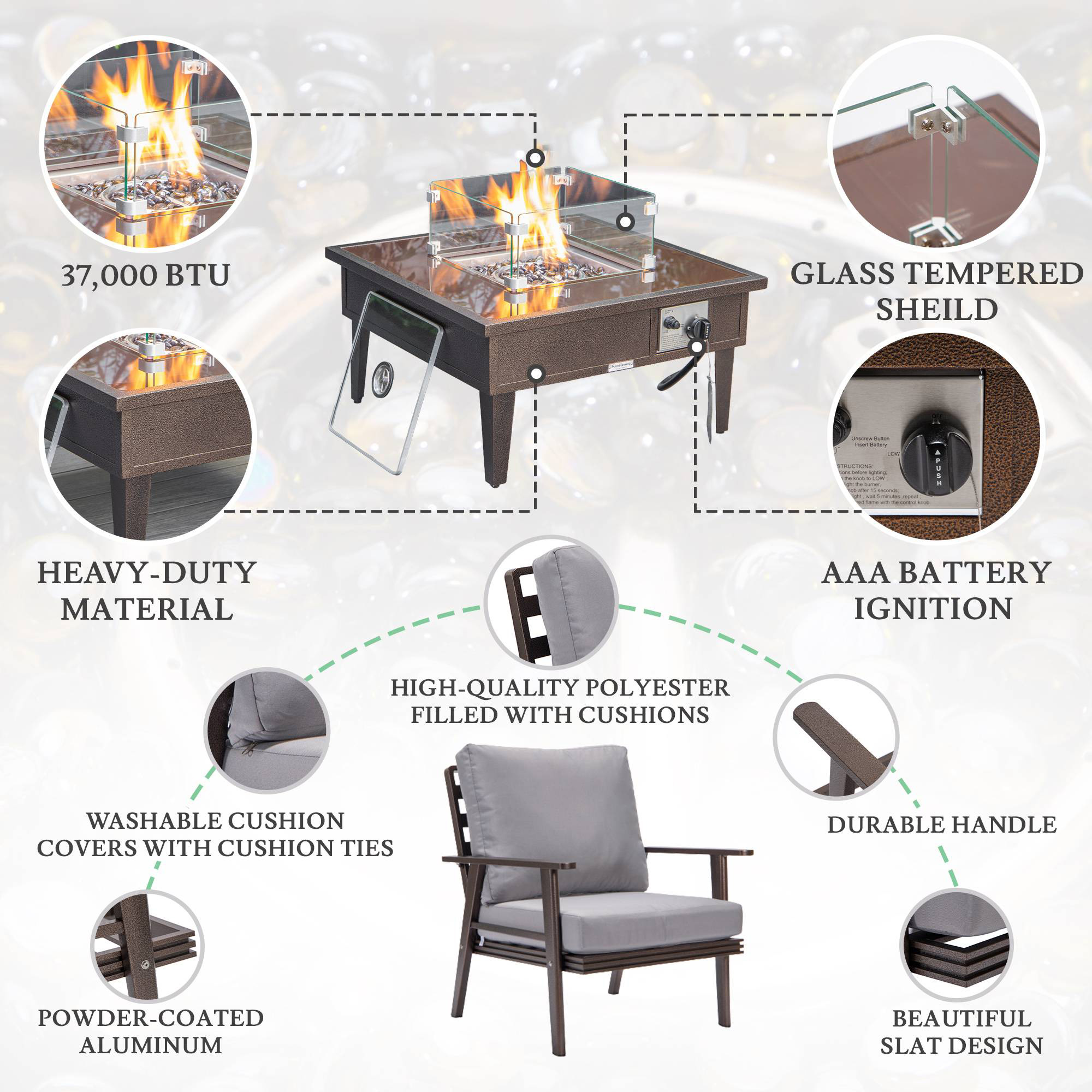 LeisureMod Walbrooke Modern Brown Patio Conversation With Square Fire Pit & Tank Holder - Gray