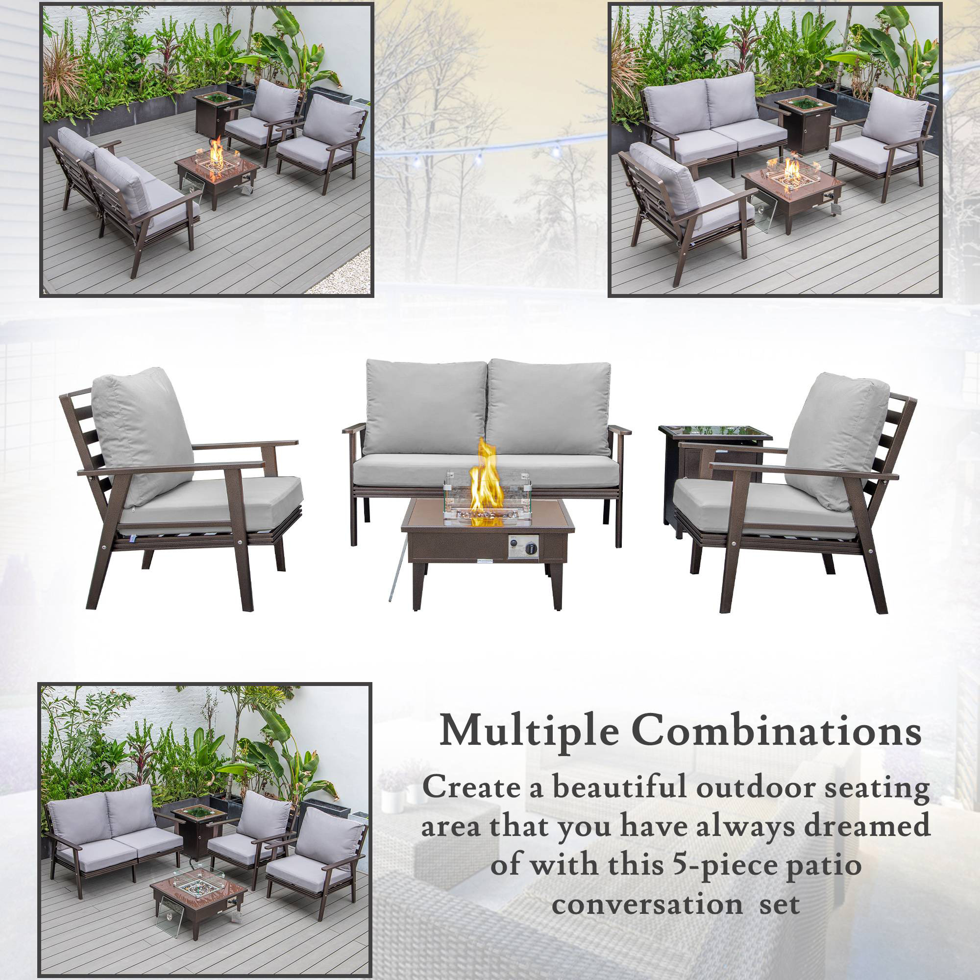 LeisureMod Walbrooke Modern Brown Patio Conversation With Square Fire Pit & Tank Holder - Gray