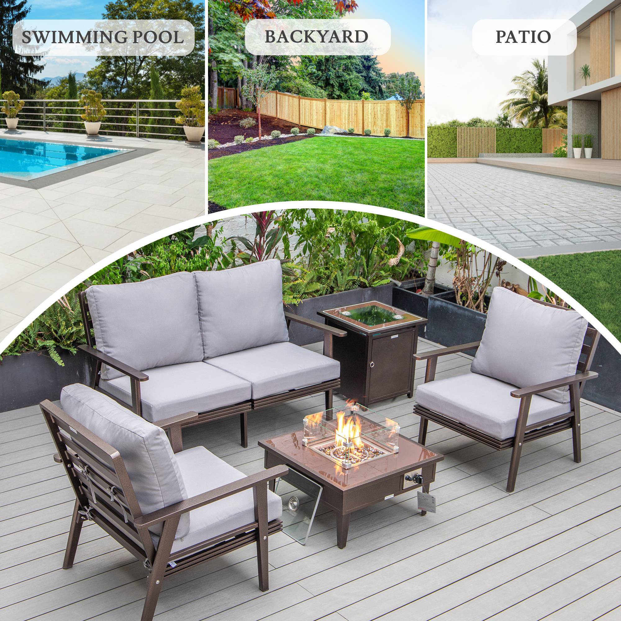 LeisureMod Walbrooke Modern Brown Patio Conversation With Square Fire Pit & Tank Holder - Gray