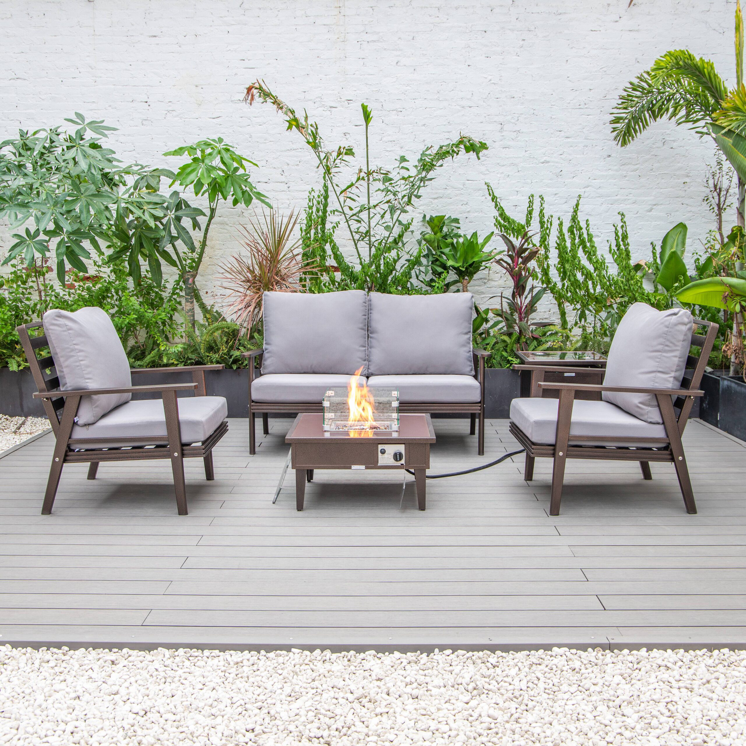 LeisureMod Walbrooke Modern Brown Patio Conversation With Square Fire Pit & Tank Holder - Gray