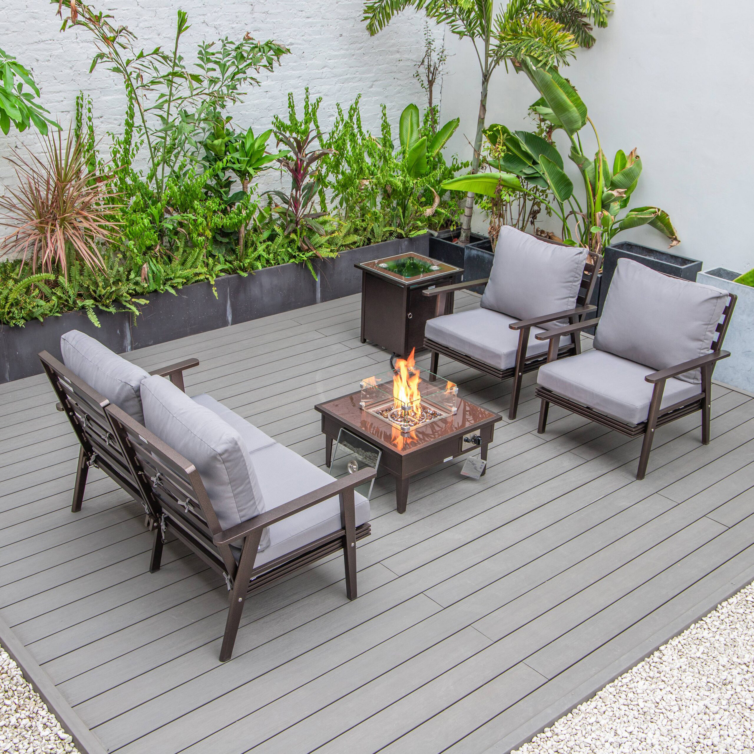 LeisureMod Walbrooke Modern Brown Patio Conversation With Square Fire Pit & Tank Holder - Gray