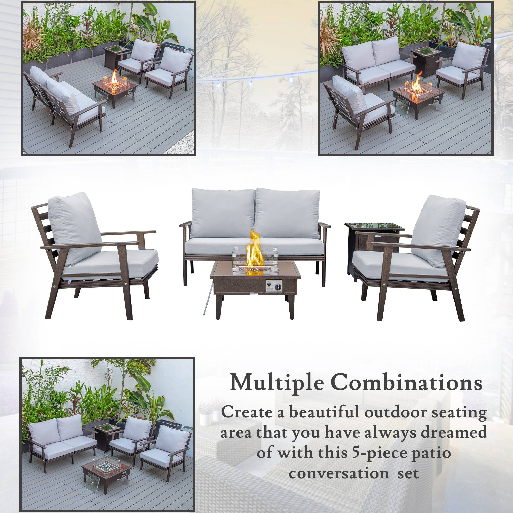 LeisureMod Walbrooke Modern Brown Patio Conversation With Square Fire Pit & Tank Holder - Light Gray