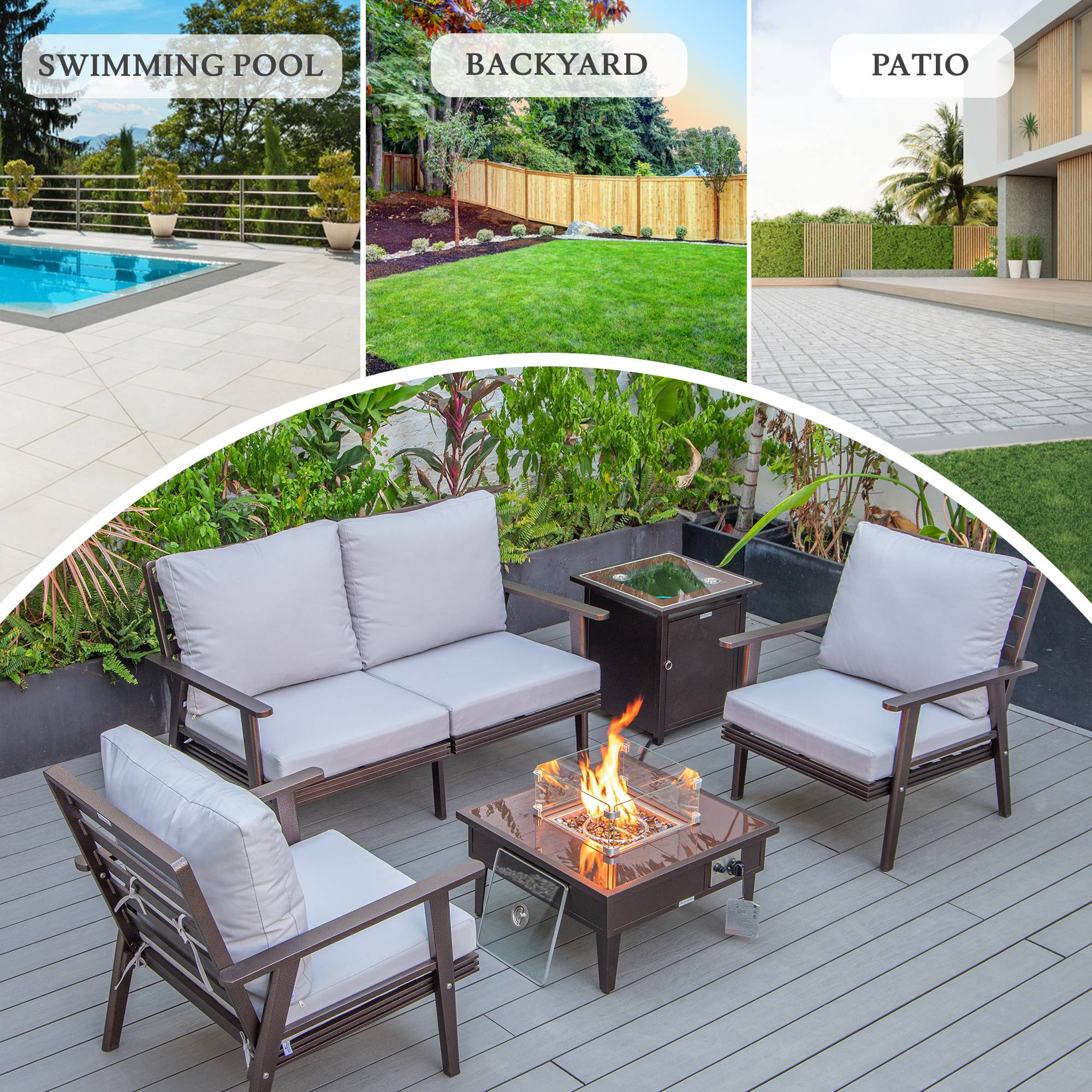 LeisureMod Walbrooke Modern Brown Patio Conversation With Square Fire Pit & Tank Holder - Light Gray