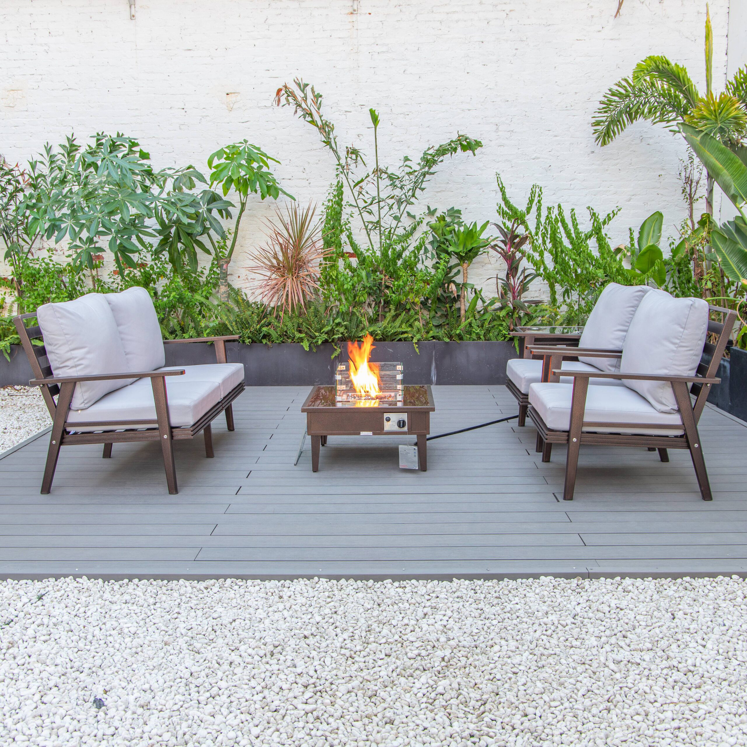 LeisureMod Walbrooke Modern Brown Patio Conversation With Square Fire Pit & Tank Holder - Light Gray