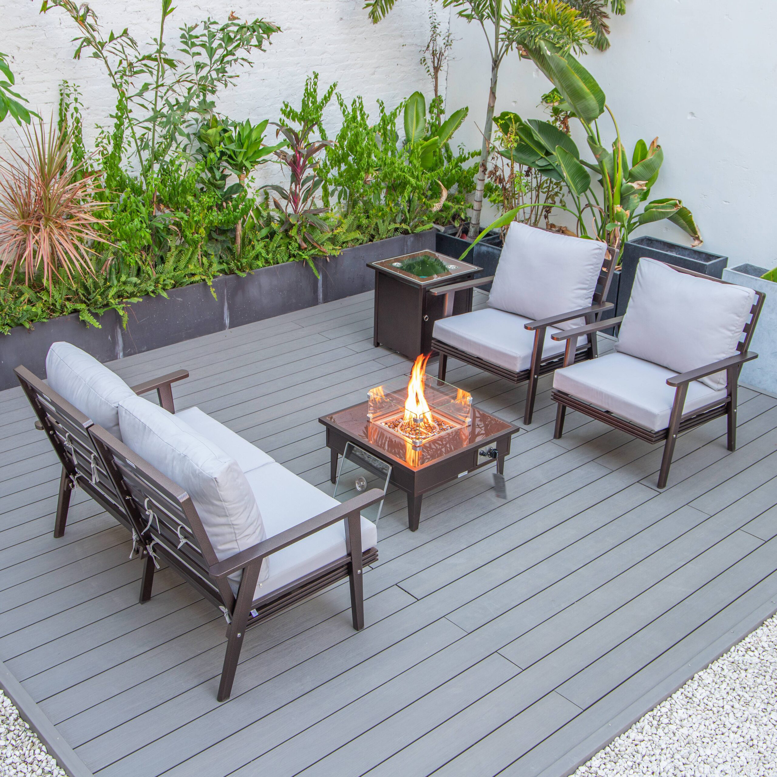 LeisureMod Walbrooke Modern Brown Patio Conversation With Square Fire Pit & Tank Holder - Light Gray