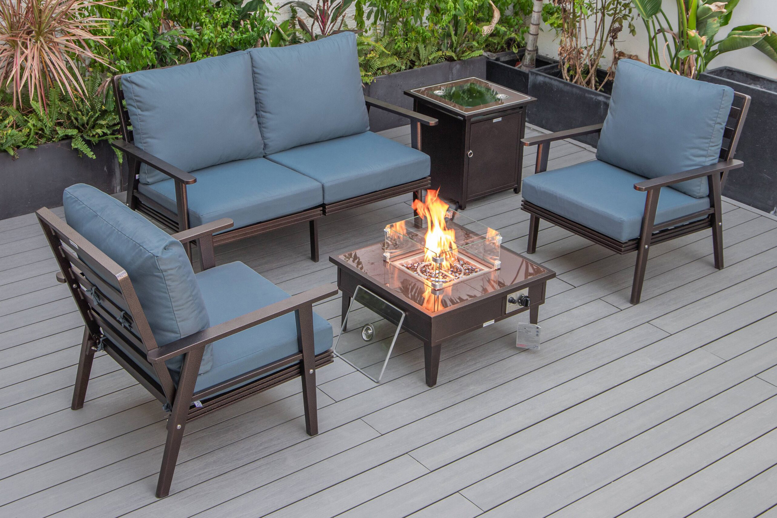 LeisureMod Walbrooke Modern Black Patio Conversation With Square Fire Pit & Tank Holder