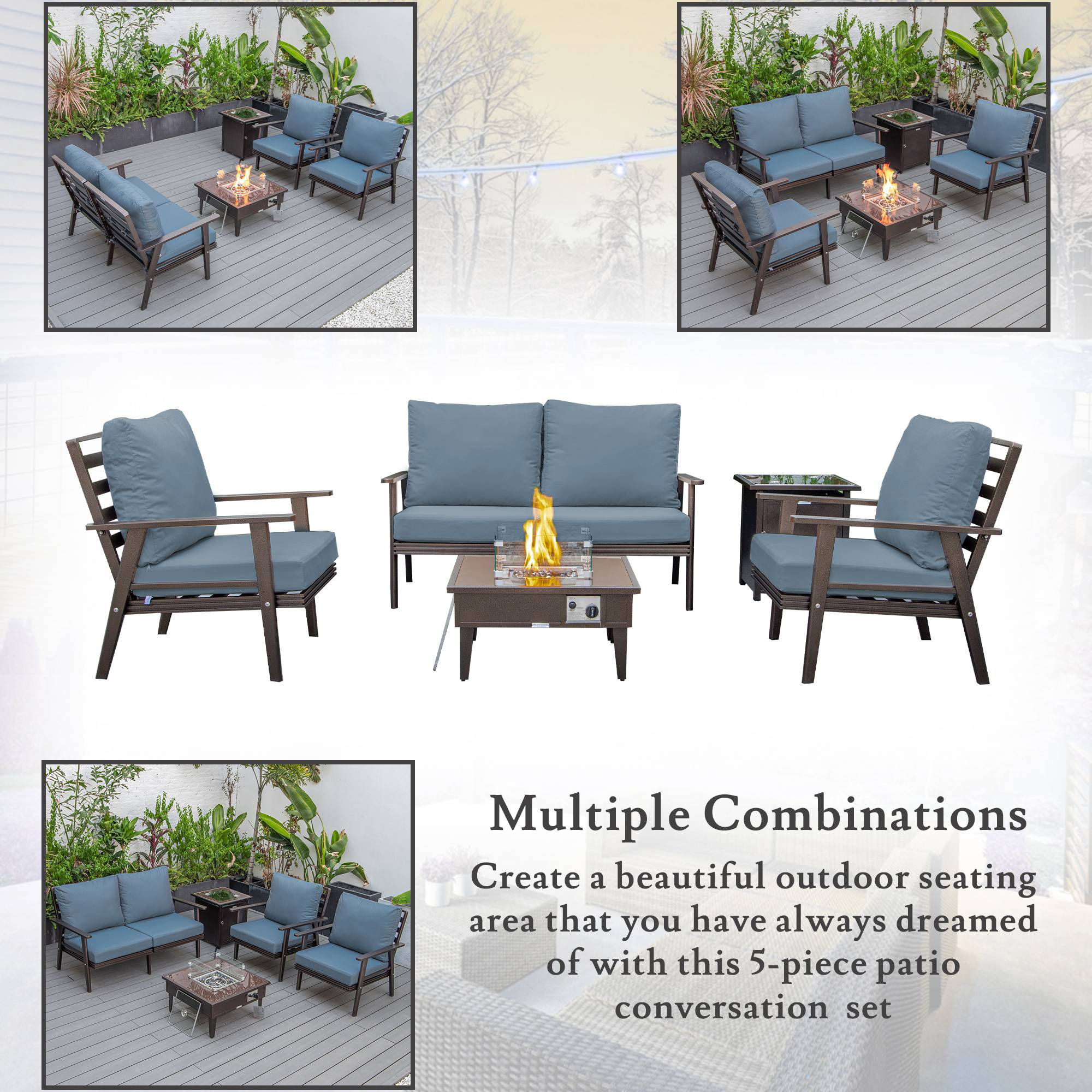 LeisureMod Walbrooke Modern Brown Patio Conversation With Square Fire Pit & Tank Holder - Navy Blue