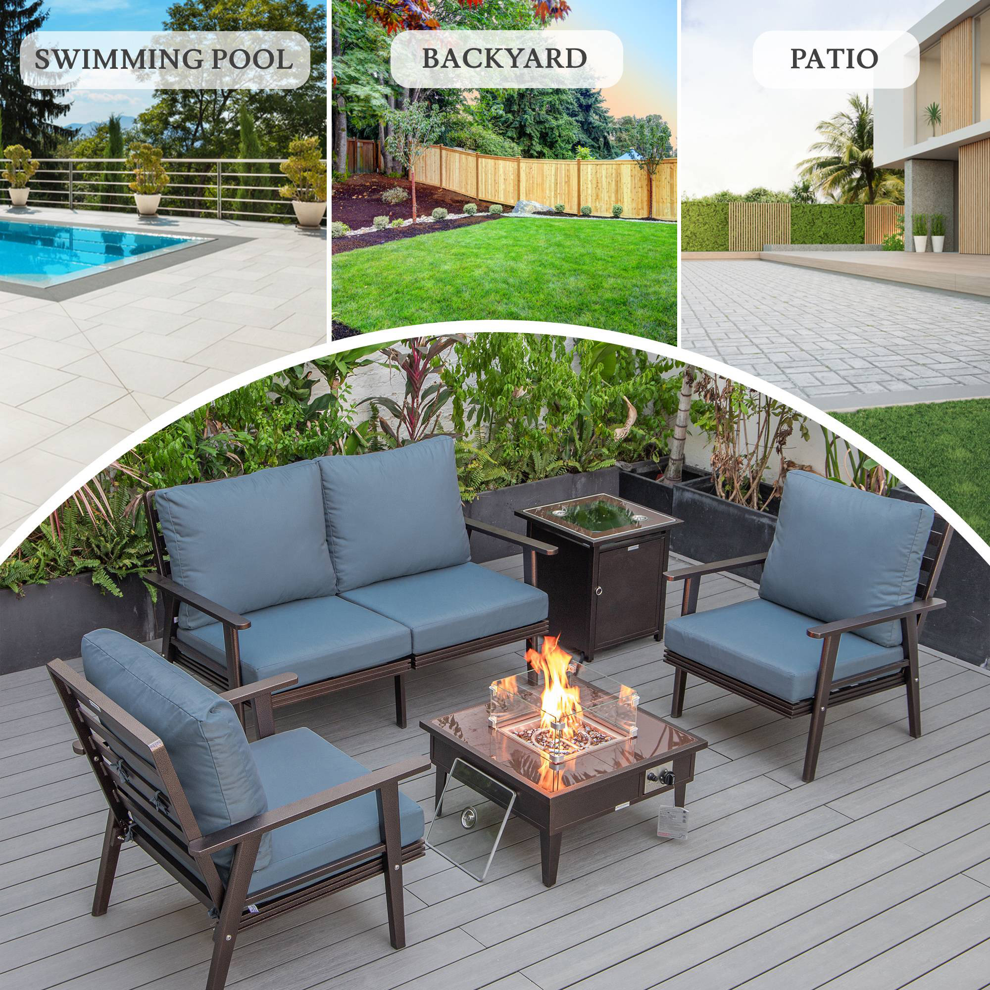 LeisureMod Walbrooke Modern Brown Patio Conversation With Square Fire Pit & Tank Holder - Navy Blue