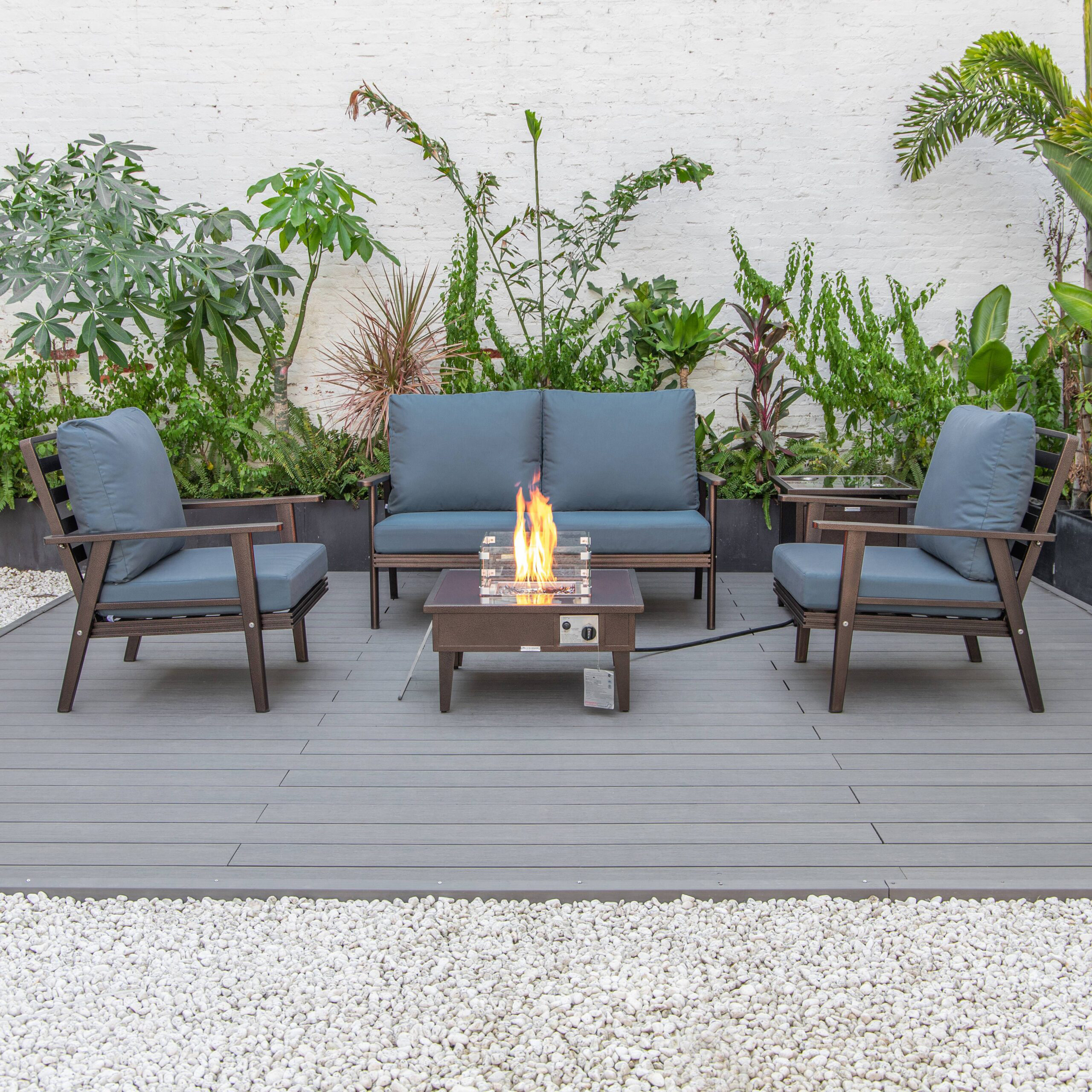 LeisureMod Walbrooke Modern Brown Patio Conversation With Square Fire Pit & Tank Holder - Navy Blue