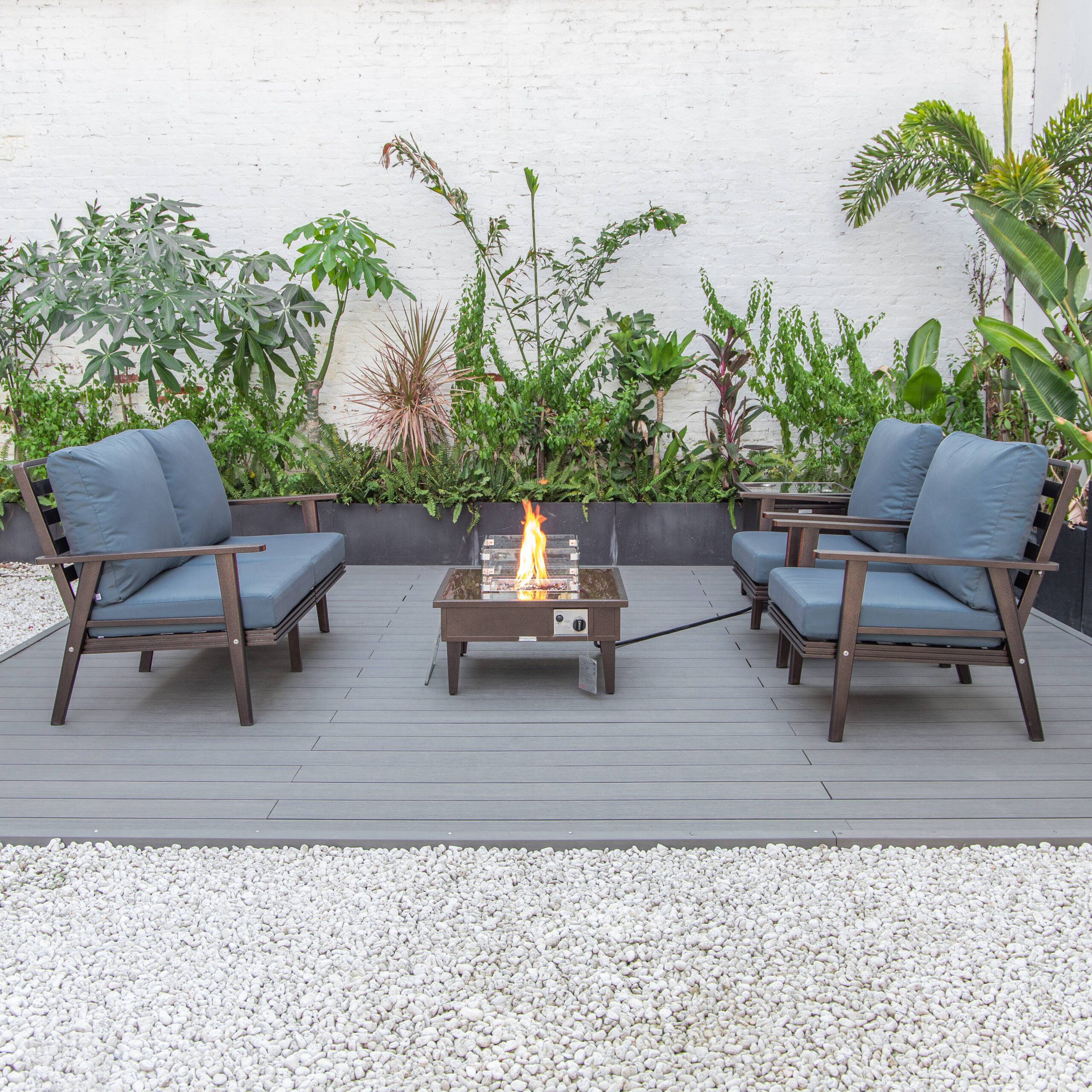 LeisureMod Walbrooke Modern Brown Patio Conversation With Square Fire Pit & Tank Holder - Navy Blue