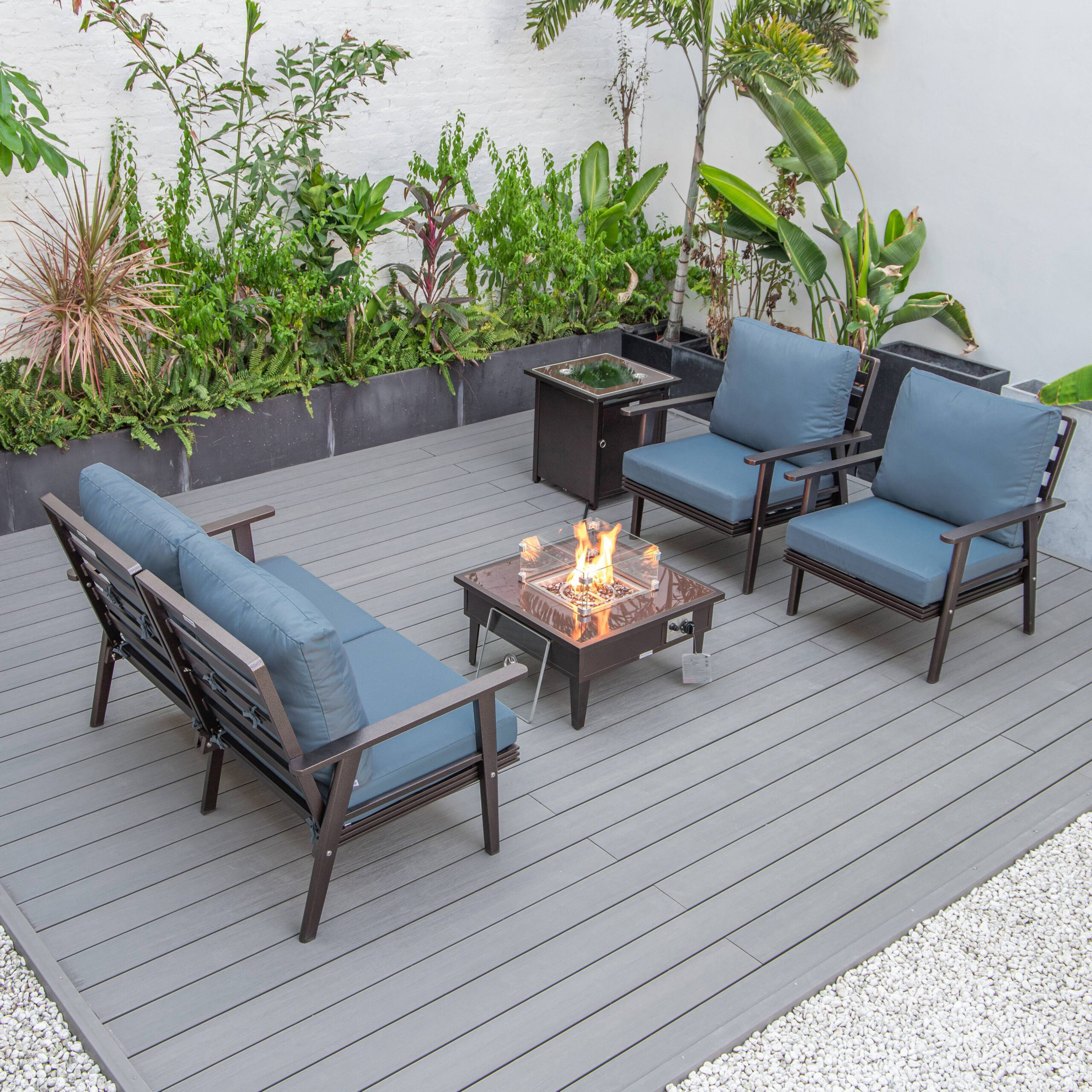 LeisureMod Walbrooke Modern Brown Patio Conversation With Square Fire Pit & Tank Holder - Navy Blue