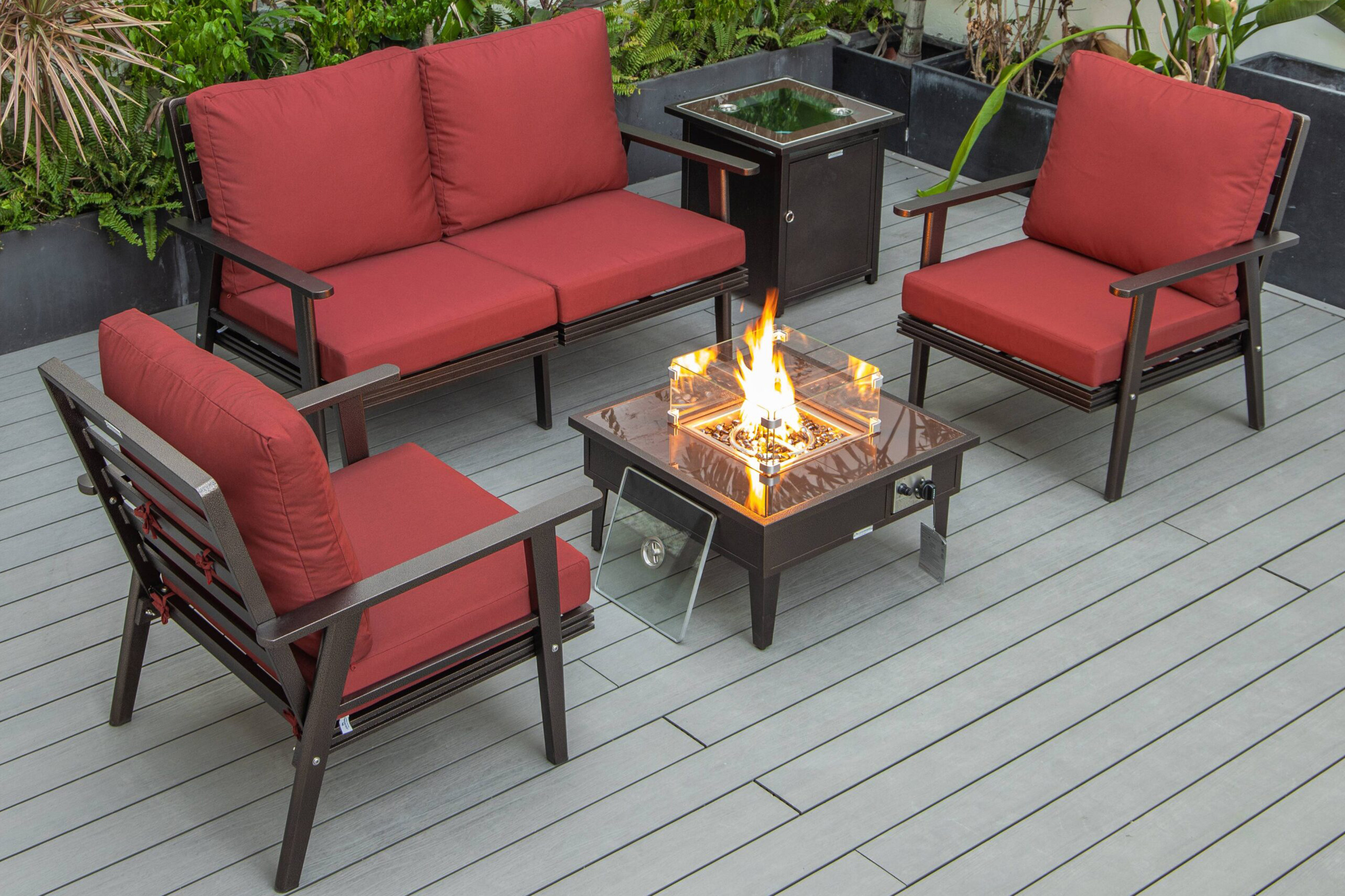 LeisureMod Walbrooke Modern Black Patio Conversation With Square Fire Pit & Tank Holder