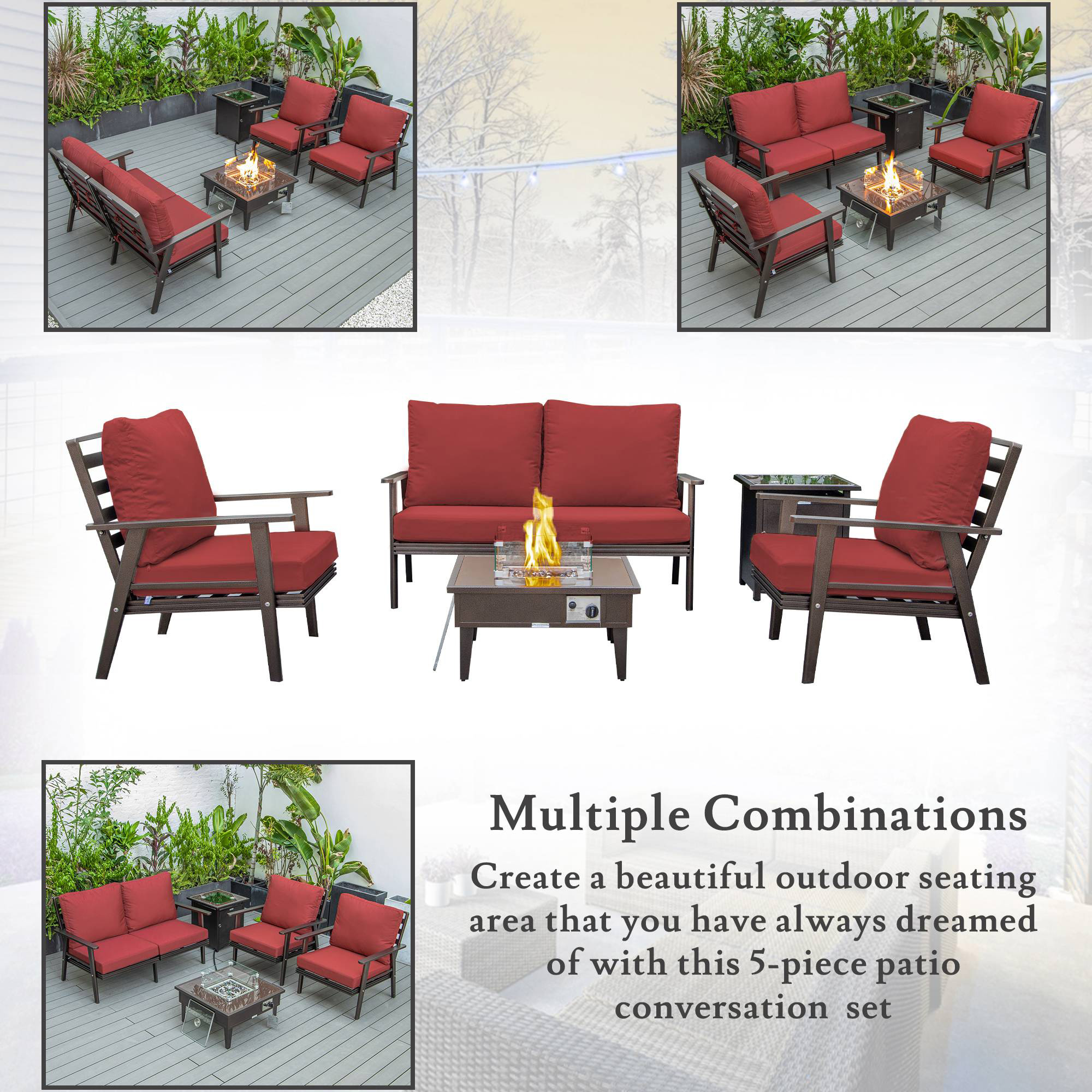 LeisureMod Walbrooke Modern Brown Patio Conversation With Square Fire Pit & Tank Holder - Red