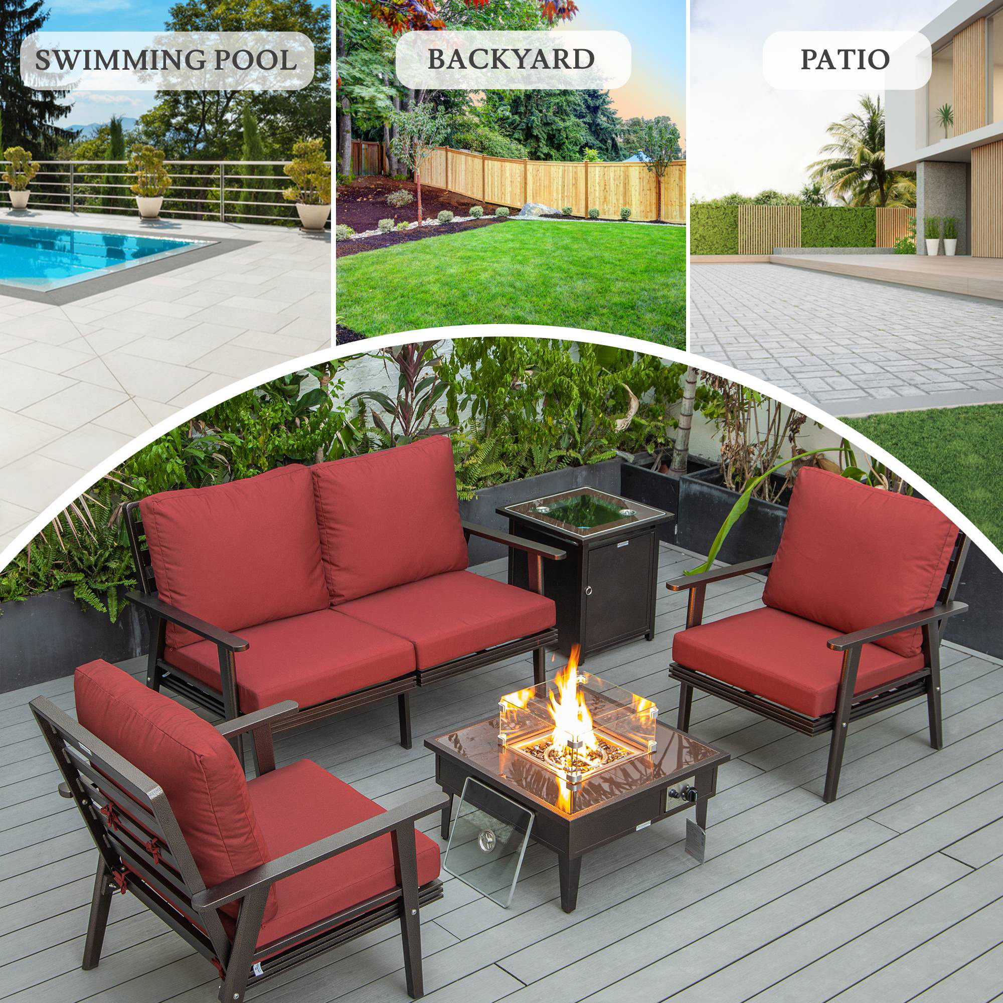 LeisureMod Walbrooke Modern Brown Patio Conversation With Square Fire Pit & Tank Holder - Red