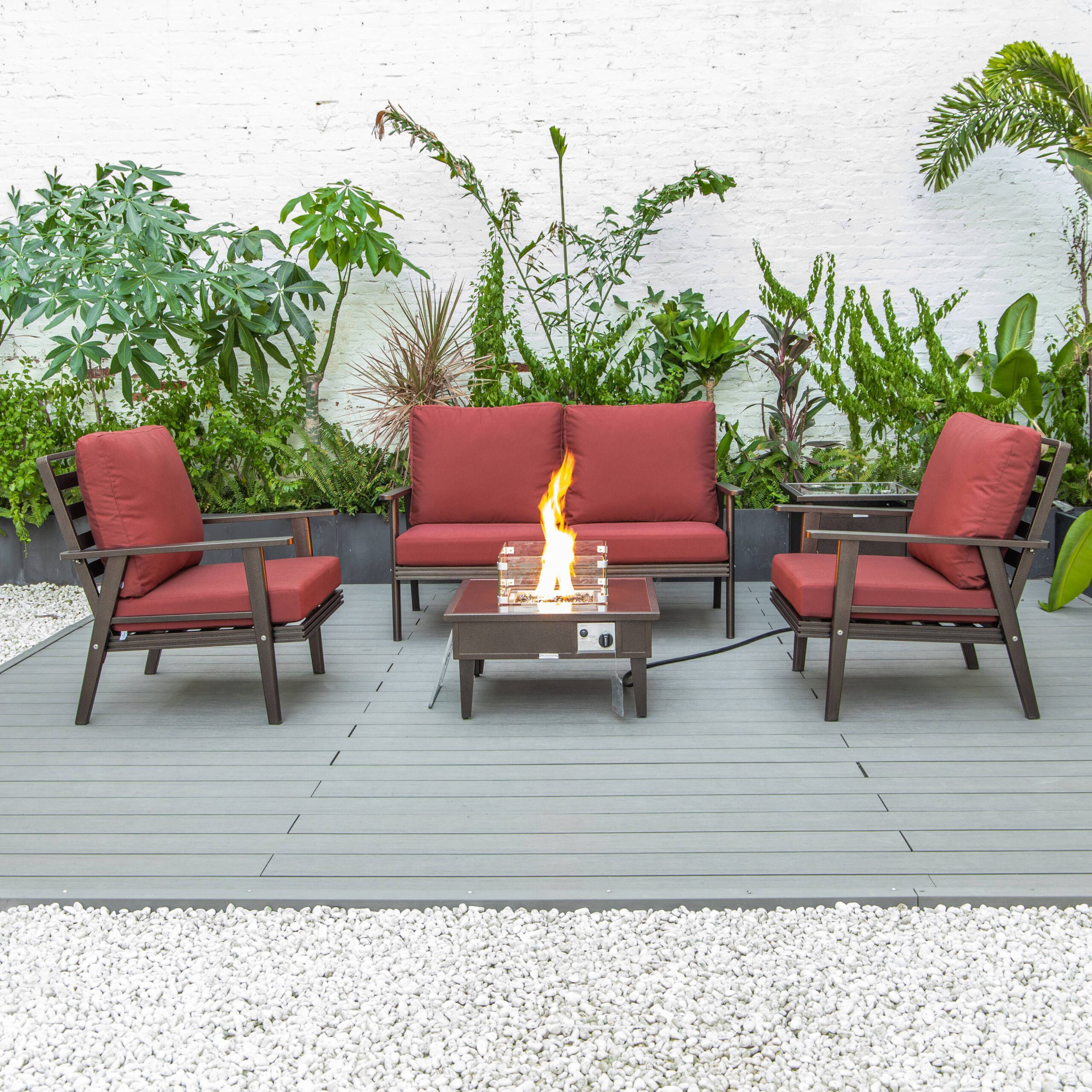 LeisureMod Walbrooke Modern Brown Patio Conversation With Square Fire Pit & Tank Holder - Red