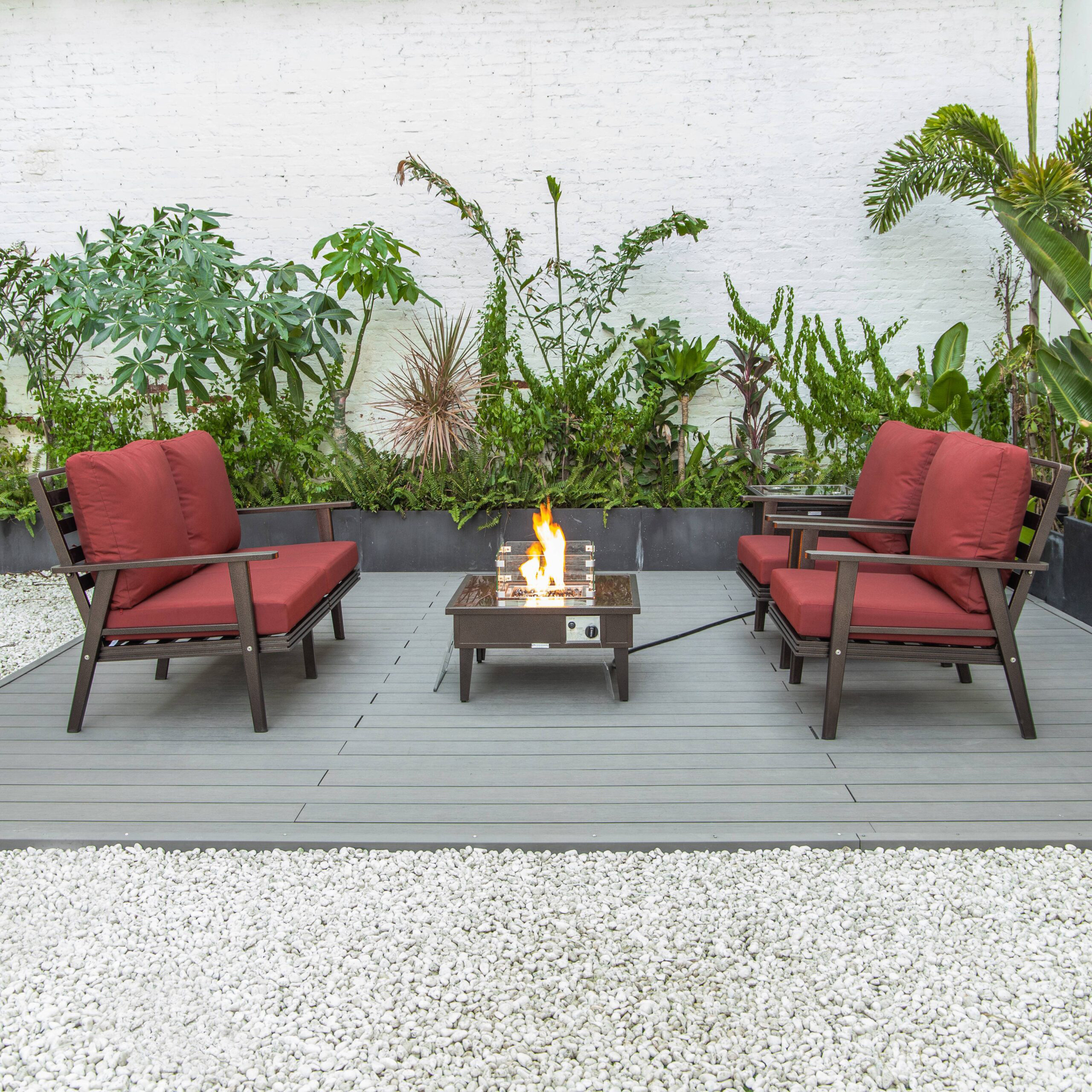 LeisureMod Walbrooke Modern Brown Patio Conversation With Square Fire Pit & Tank Holder - Red