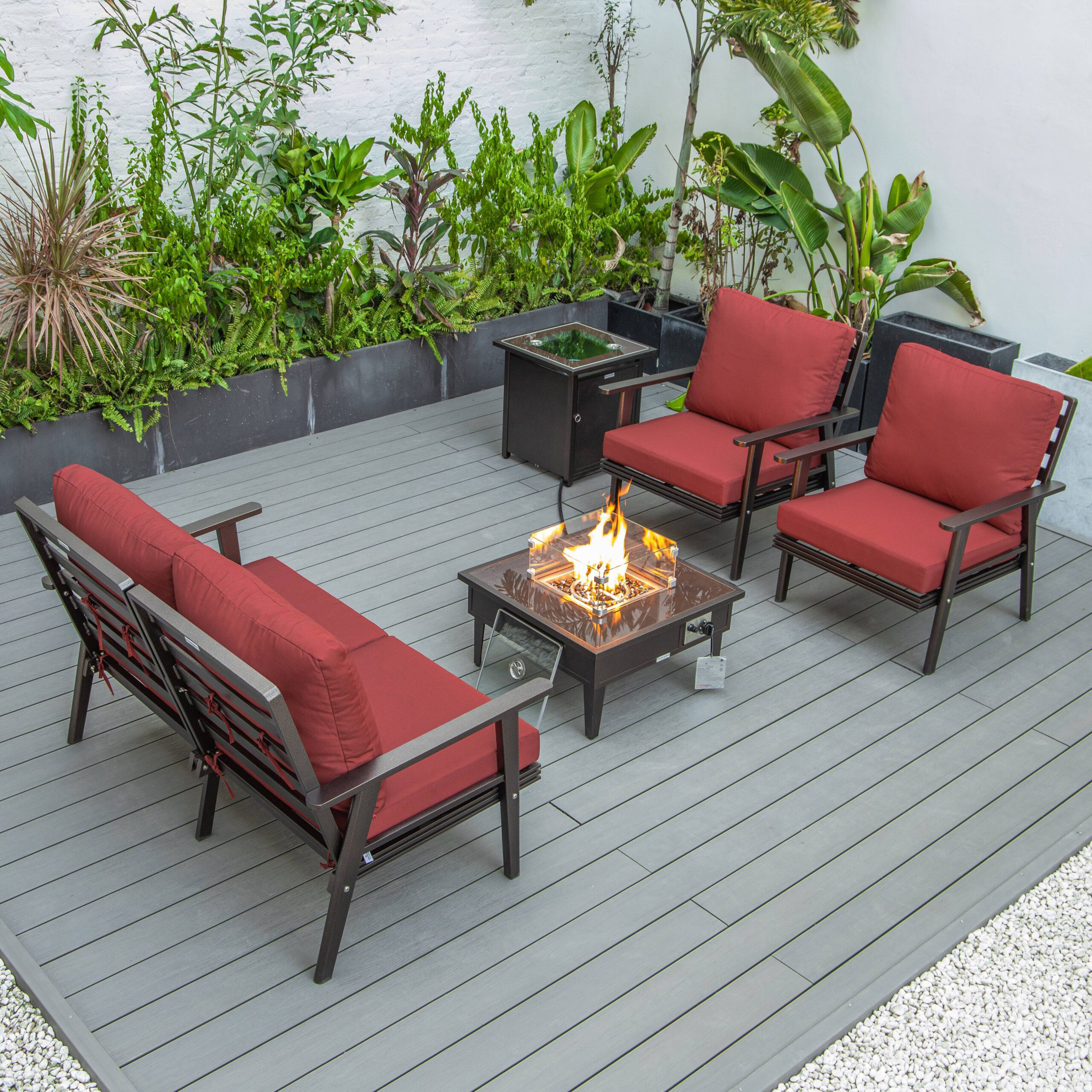 LeisureMod Walbrooke Modern Brown Patio Conversation With Square Fire Pit & Tank Holder - Red