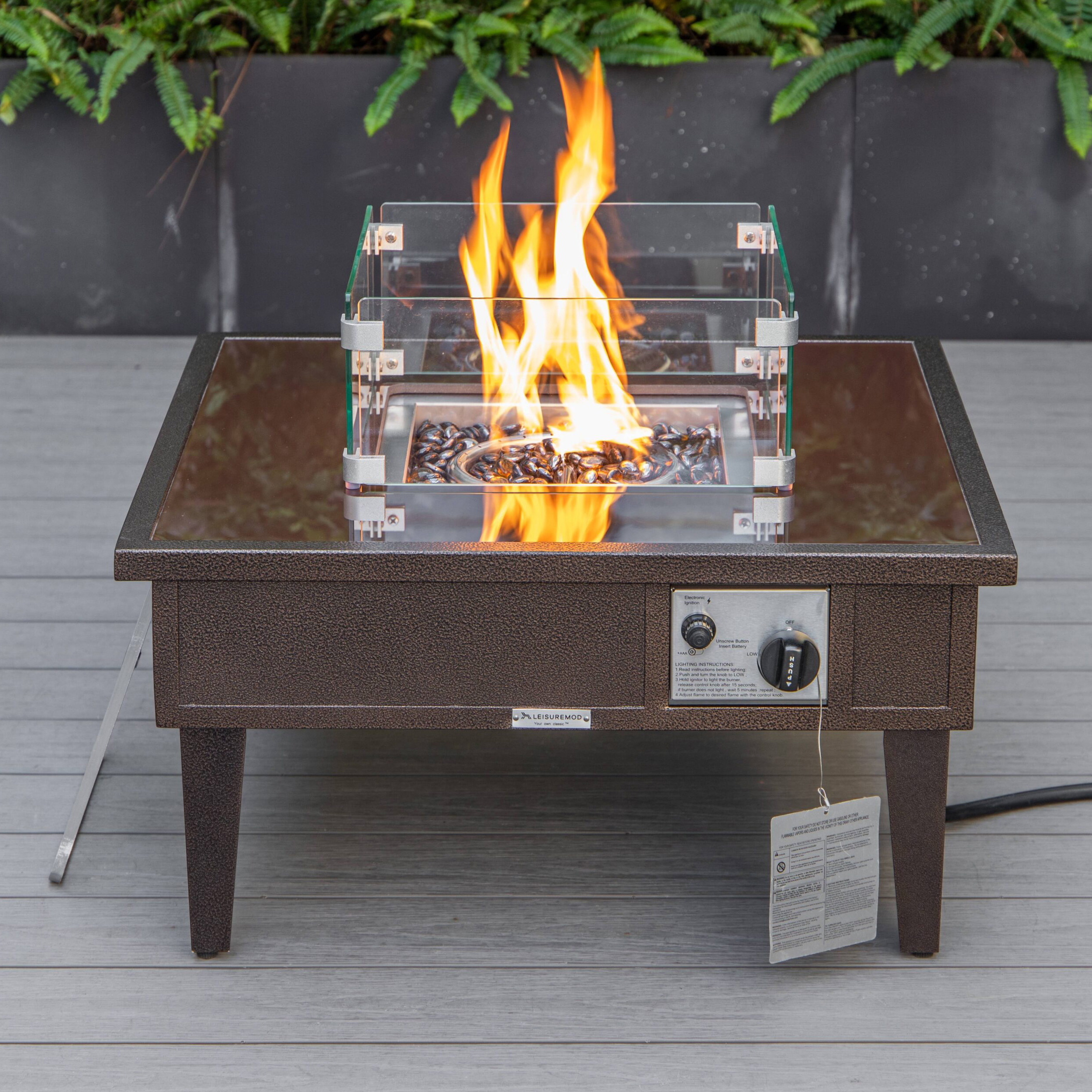 LeisureMod Walbrooke Modern Outdoor Square Fire Pit Table with Powder-Coated Aluminum Frame - Brown