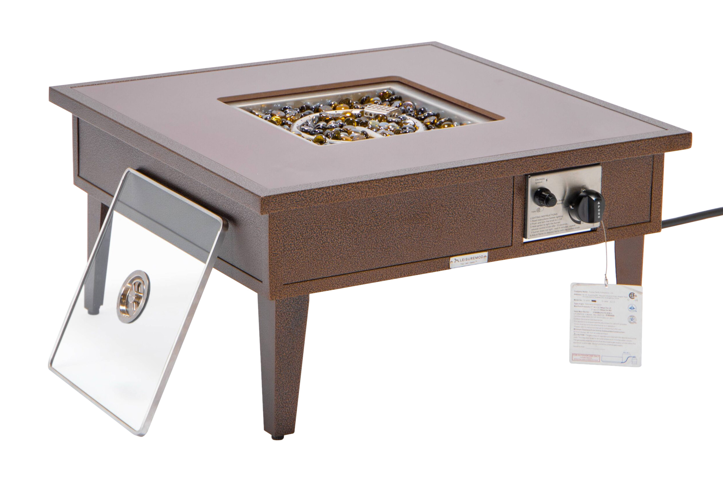 LeisureMod Walbrooke Modern Outdoor Square Fire Pit Table with Powder-Coated Aluminum Frame - Brown