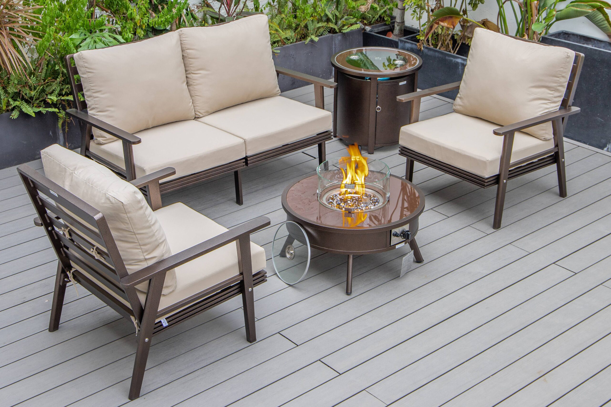 LeisureMod Walbrooke Modern Black Patio Conversation With Round Fire Pit & Tank Holder